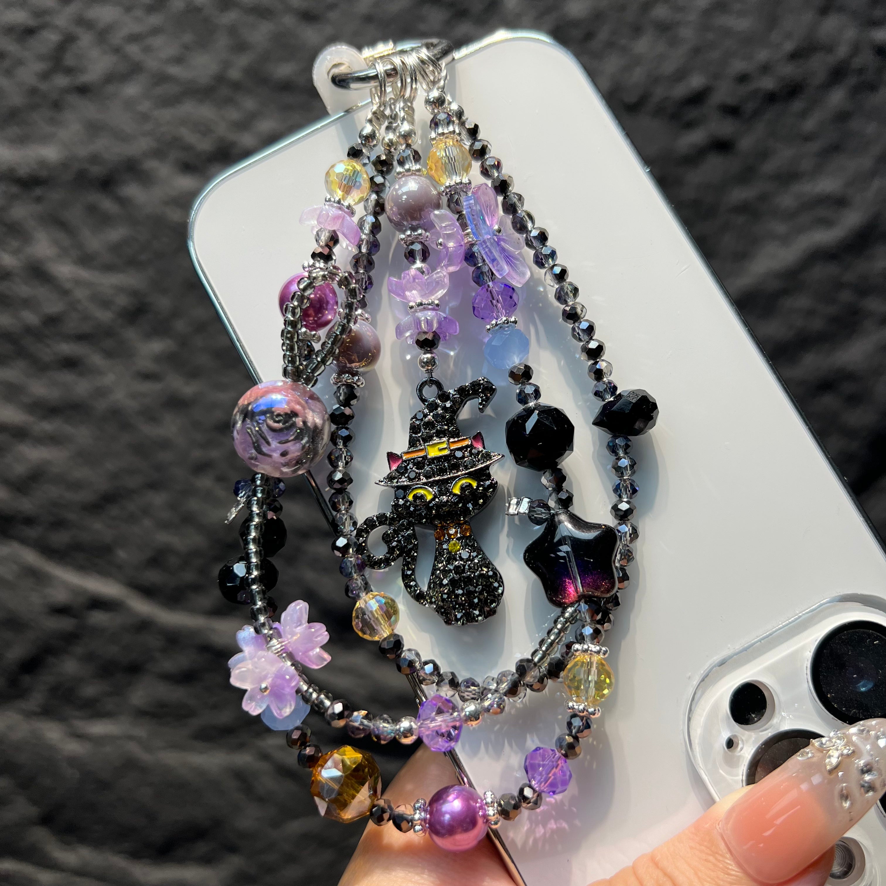 Handmade Layered Beaded Phone Case Charm, Rhinestone Witch Black Cat Pendant Gothic Spooky‑Season Halloween Bag Keychain Gift For Women