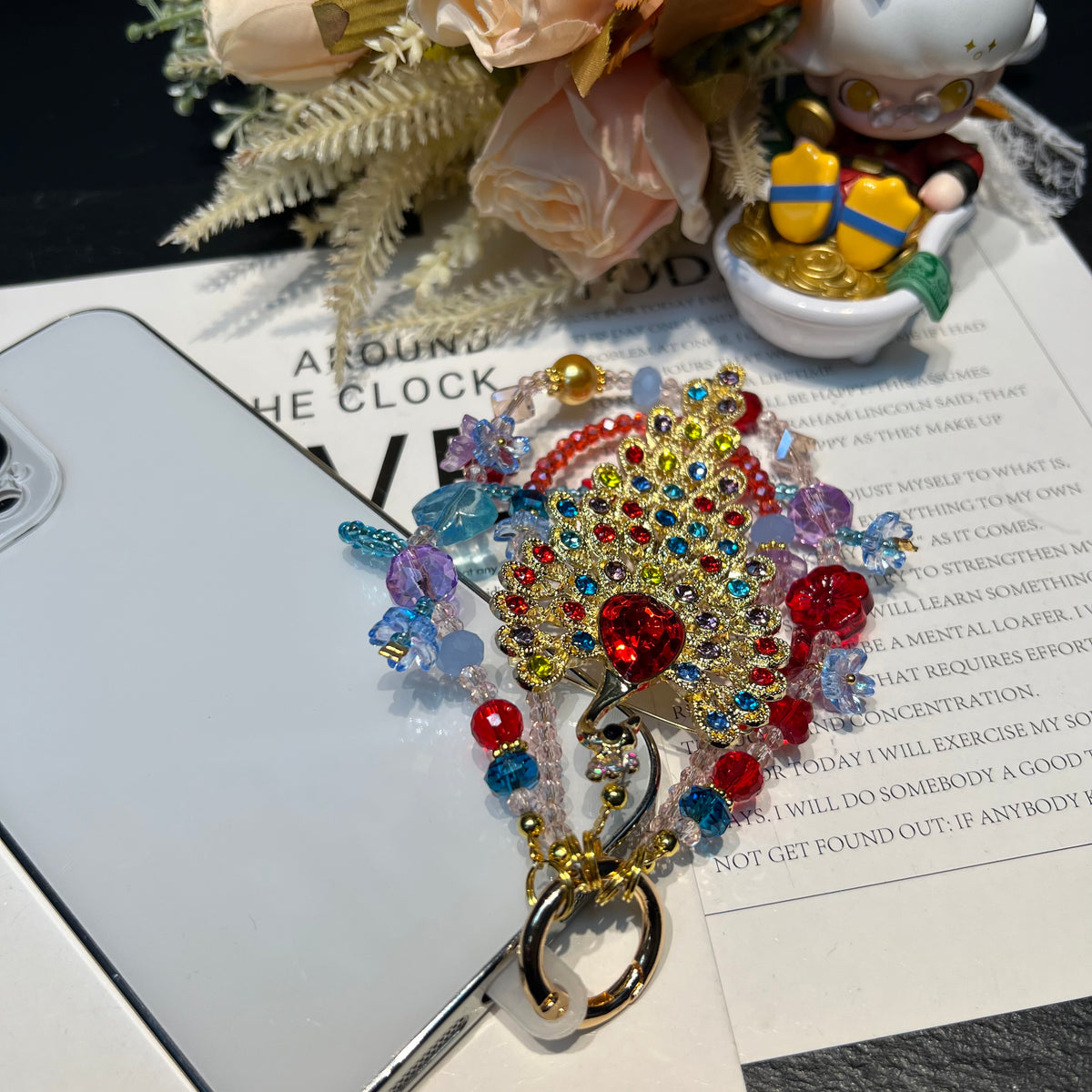 Hand‑made Peacock Rhinestone Crystal Beaded Phone Charm, Vintage Ethnic Layered Bead Keychain Pendant, Luxury Bohemian Bag Hanging Ornament For Women