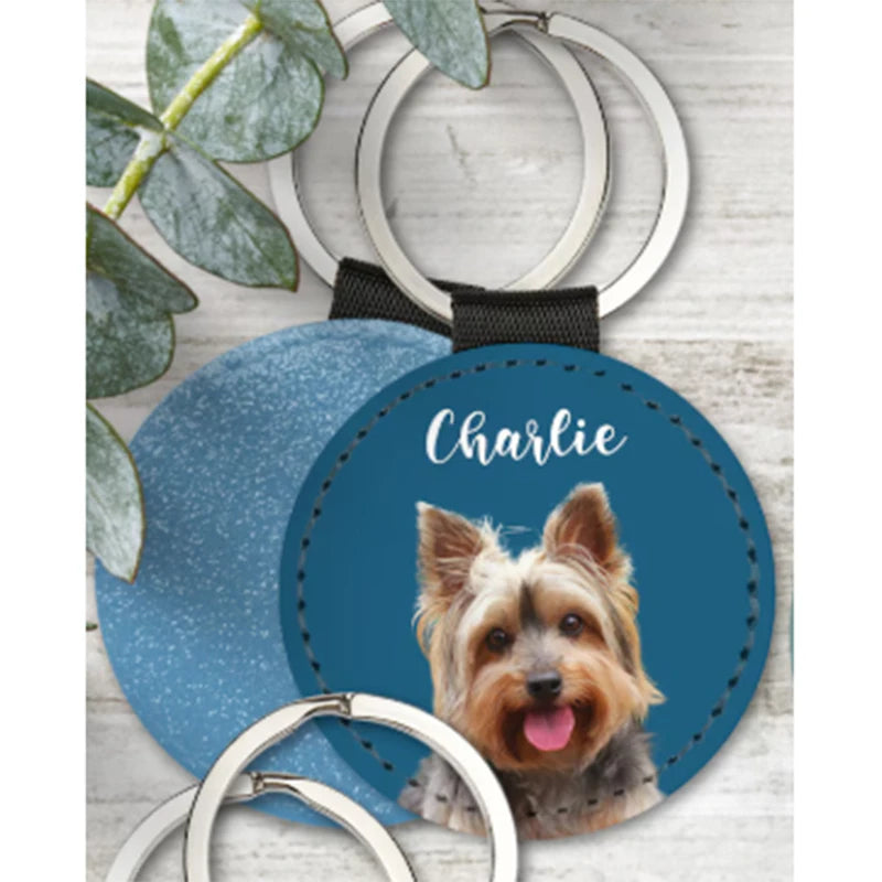 Custom Pet Photo Keychain Personalized Dog Cat Portrait Name Leather Picture Keyring Charm Anniversary Memorial Loss Gift Him He
