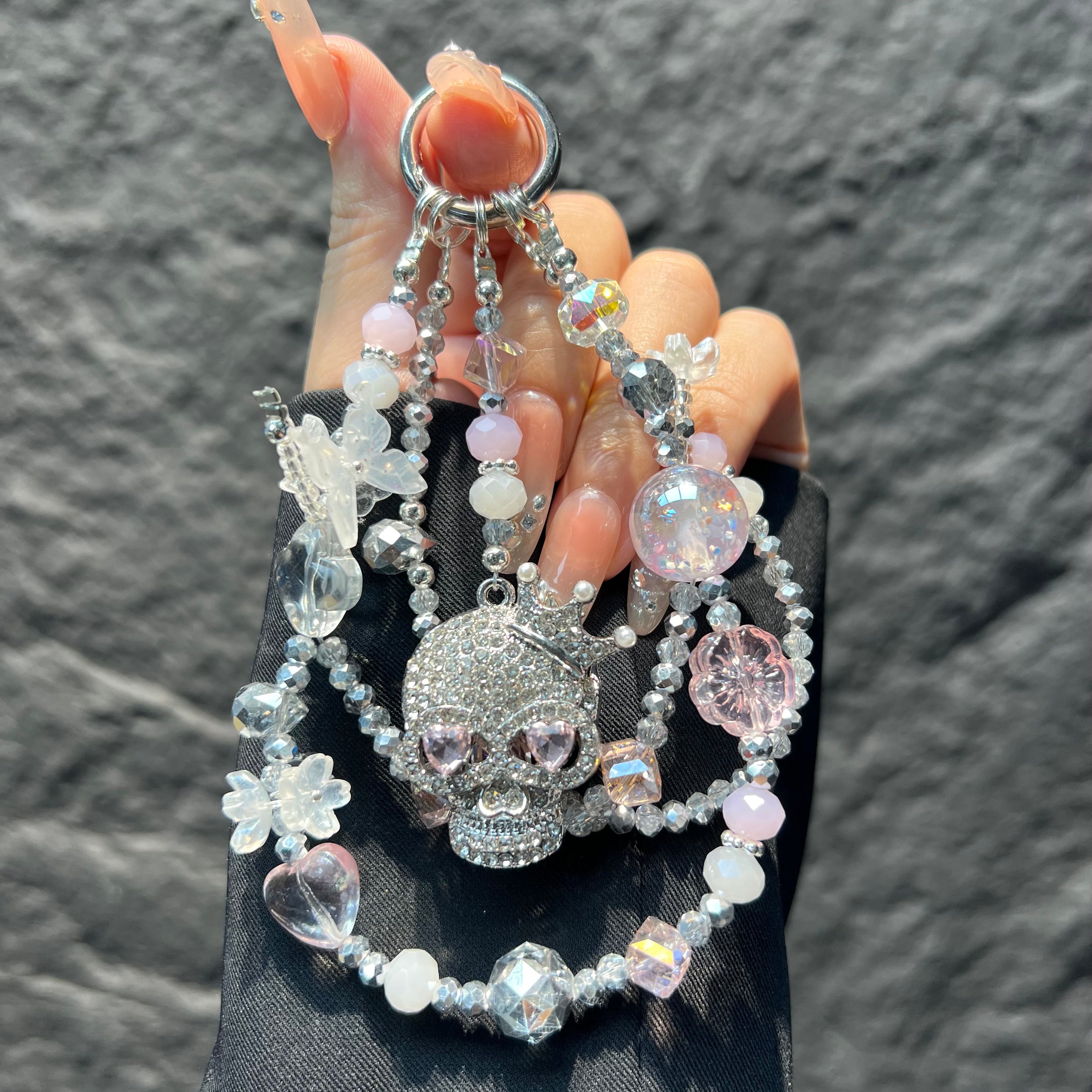 Handmade Layered Beaded Phone Case Charm, Rhinestone Witch Black Cat Pendant Gothic Spooky‑Season Halloween Bag Keychain Gift For Women