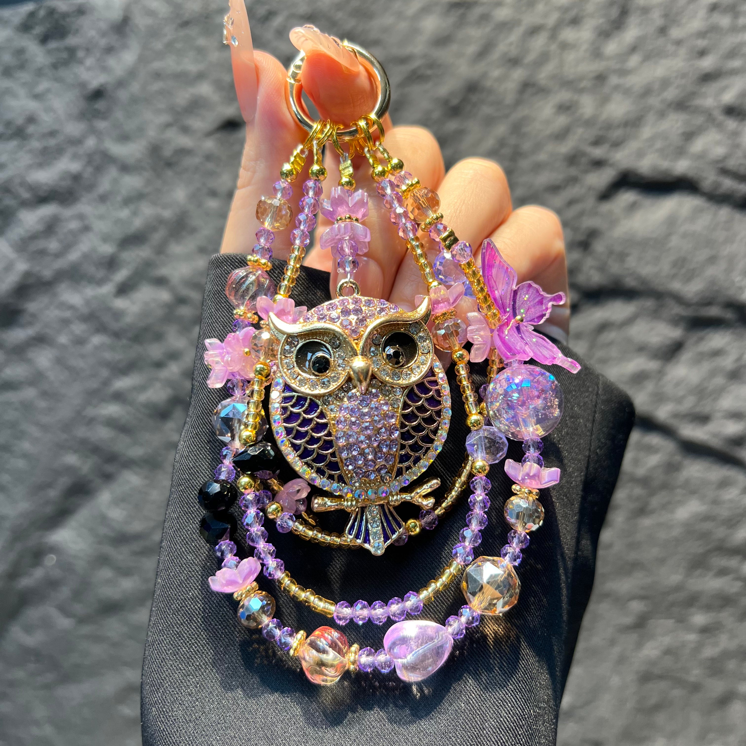 Rhinestone Owl Pendant Beaded Phone Wrist Strap, Multi‑Layer Handmade Crystal Bead Cellphone Lanyard, Luxury Flower Beads Keychain Bag Hanging Charm for Women