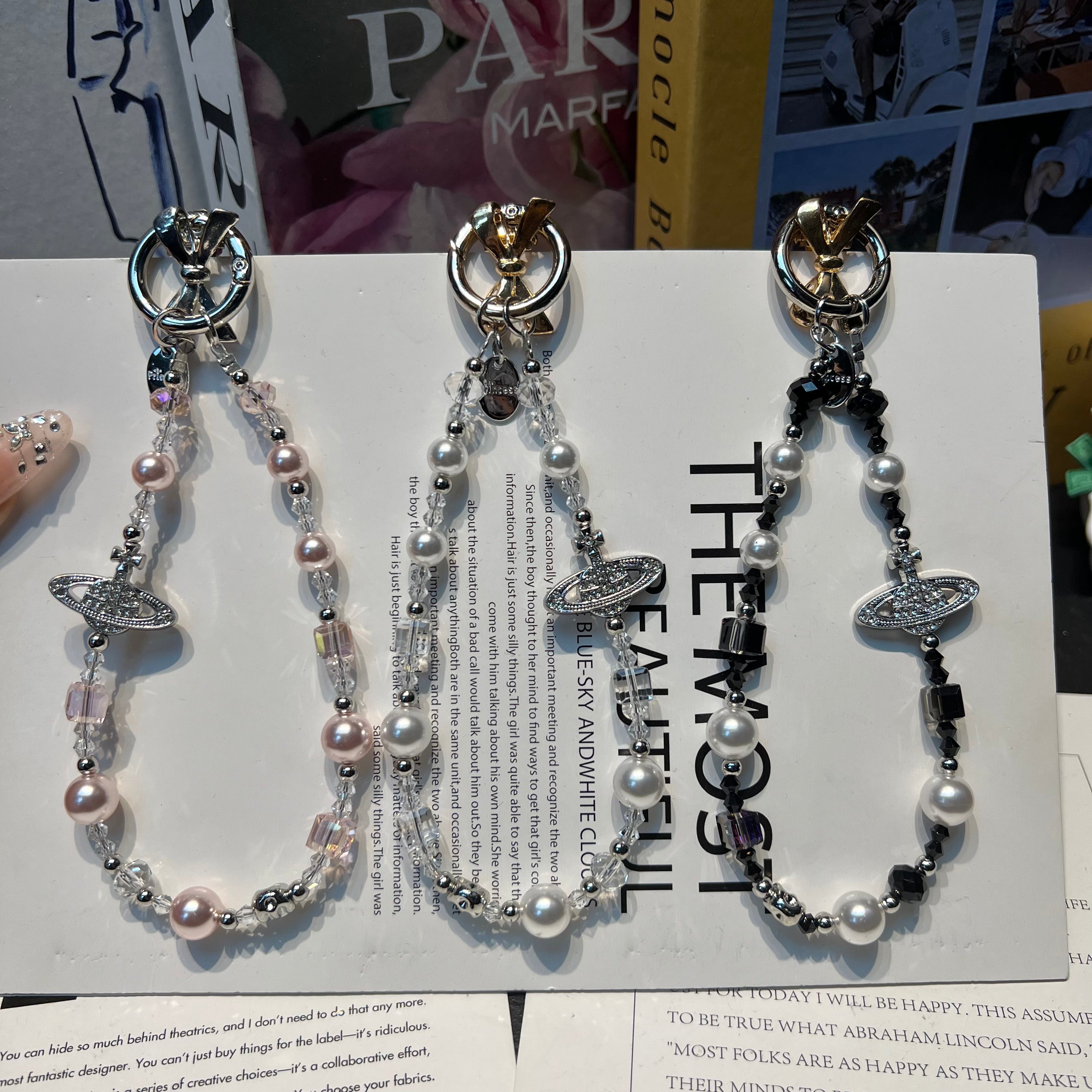 Saturn Charm Beaded Phone Lanyard, Hand‑made Pearl Crystal Bead Cell Phone Strap, Aesthetic Planet Pendant Keychain Bag Hanging Charm for Women