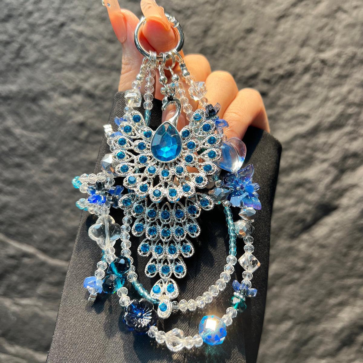 Hand‑made Peacock Rhinestone Crystal Beaded Phone Charm, Vintage Ethnic Layered Bead Keychain Pendant, Luxury Bohemian Bag Hanging Ornament For Women