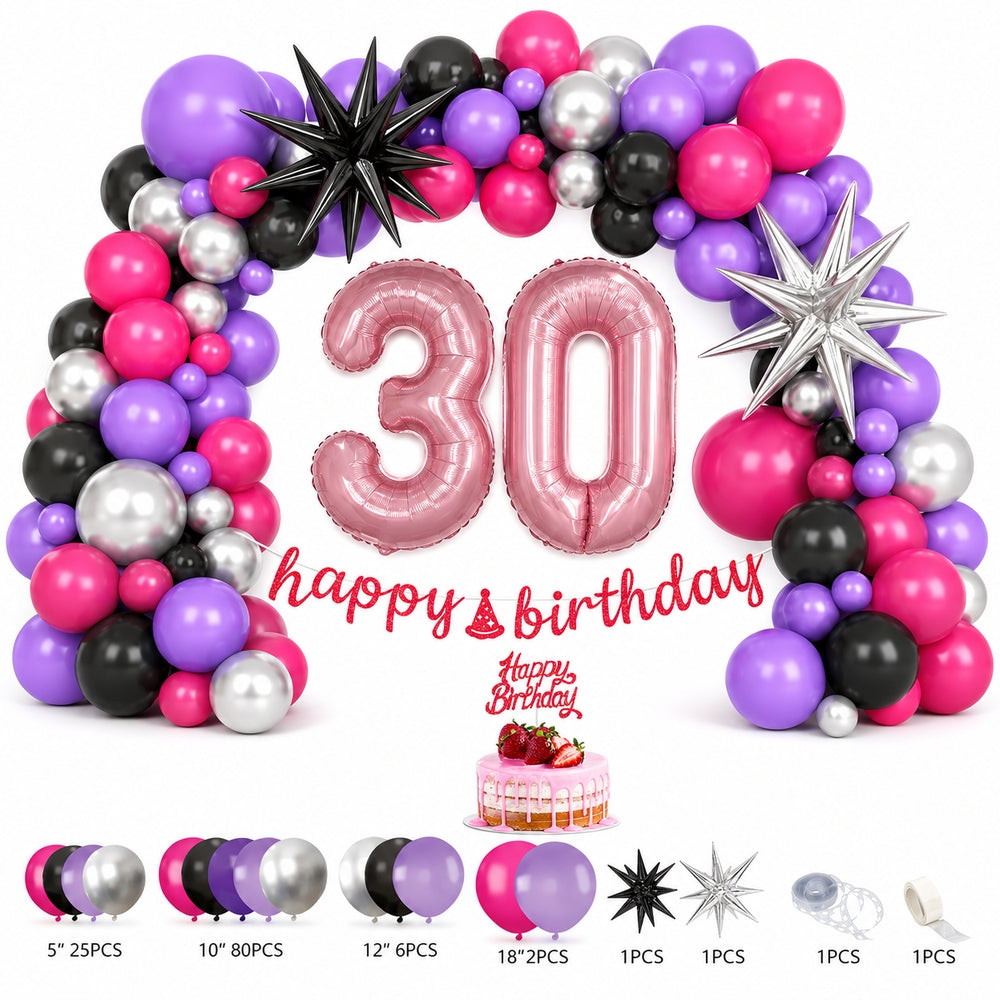 All-in-One Rose Red Birthday Decoration Kit with Balloon Garland, 32-Inch Number Balloons, Happy Birthday Banner & Cake Topper Party Set（副本）