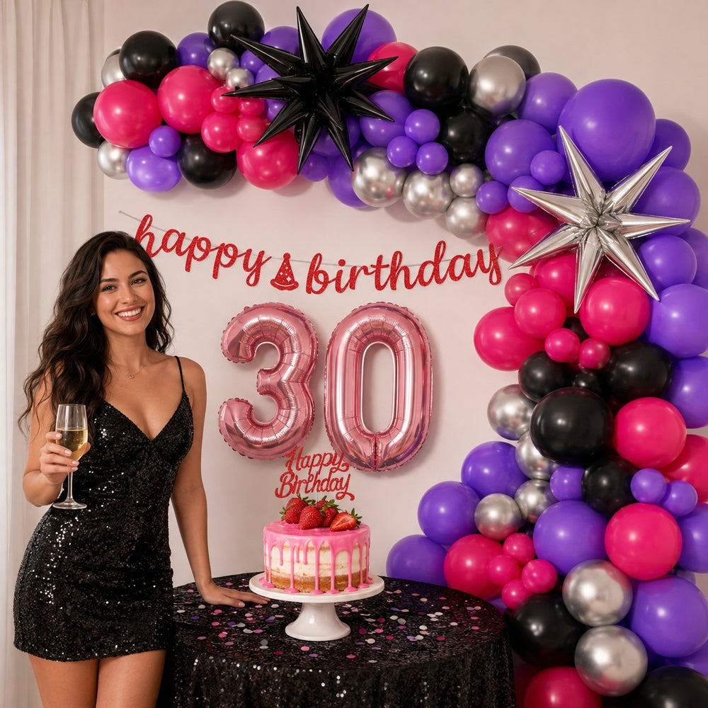 All-in-One Rose Red Birthday Decoration Kit with Balloon Garland, 32-Inch Number Balloons, Happy Birthday Banner & Cake Topper Party Set（副本）