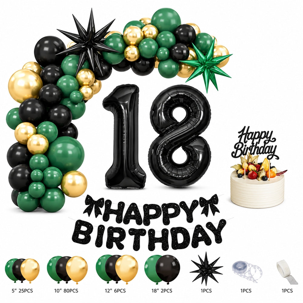 All-in-One Birthday Decoration Kit with Balloon Garland, 32-Inch Number Balloons, Happy Birthday Banner & Cake Topper – Black, Green & Gold Party Set