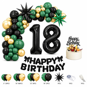 All-in-One Birthday Decoration Kit with Balloon Garland, 32-Inch Number Balloons, Happy Birthday Banner & Cake Topper – Black, Green & Gold Party Set