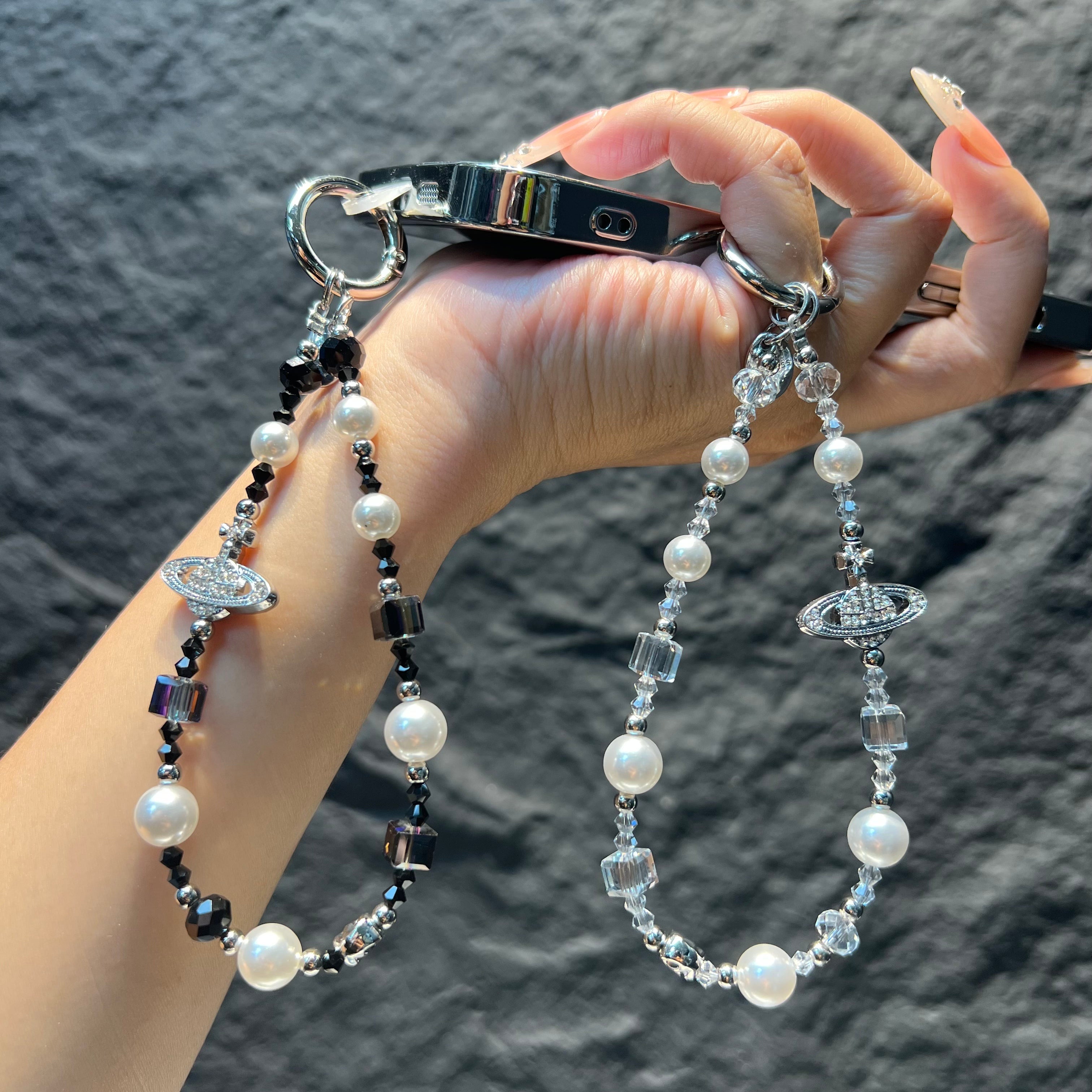 Saturn Charm Beaded Phone Lanyard, Hand‑made Pearl Crystal Bead Cell Phone Strap, Aesthetic Planet Pendant Keychain Bag Hanging Charm for Women