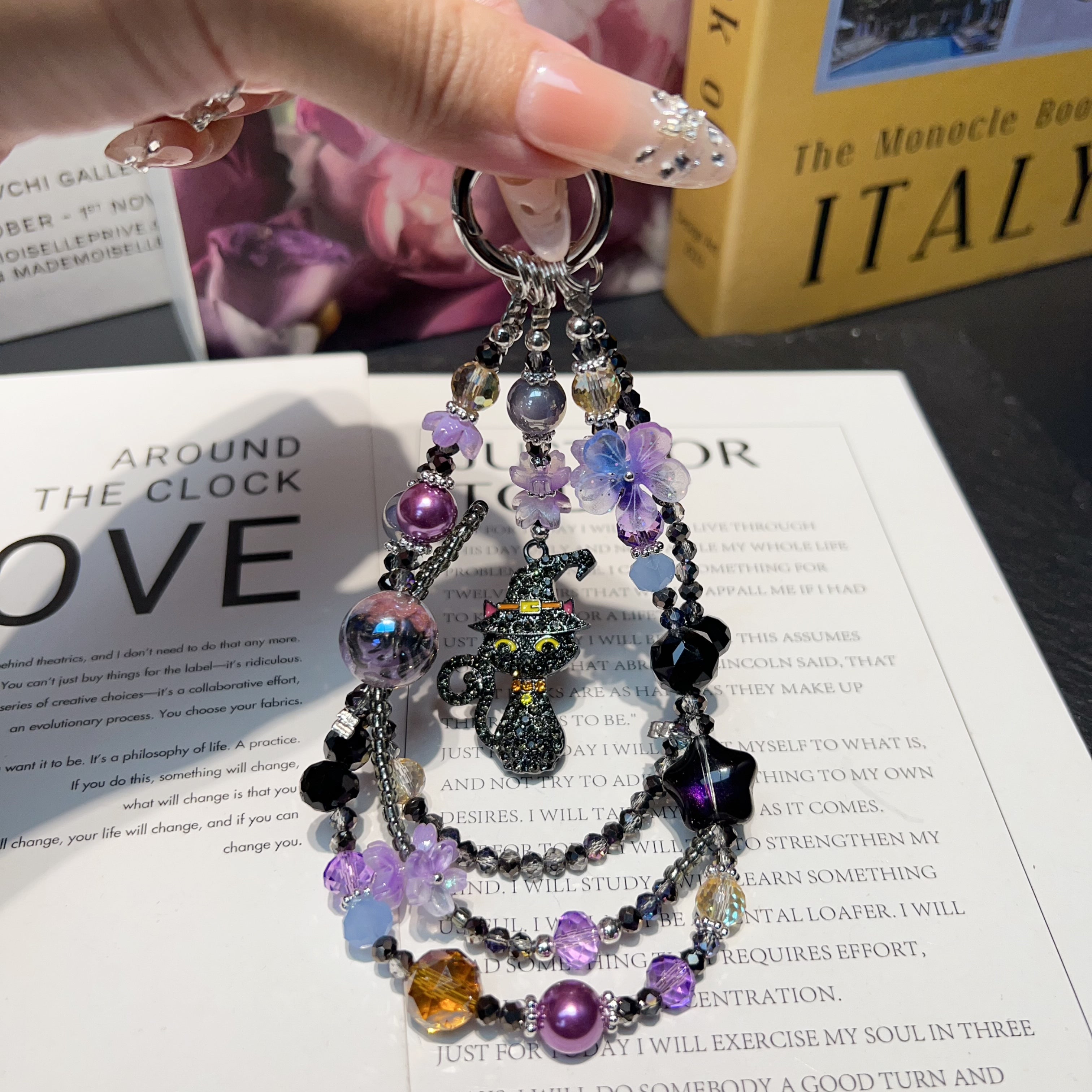 Handmade Layered Beaded Phone Case Charm, Rhinestone Witch Black Cat Pendant Gothic Spooky‑Season Halloween Bag Keychain Gift For Women
