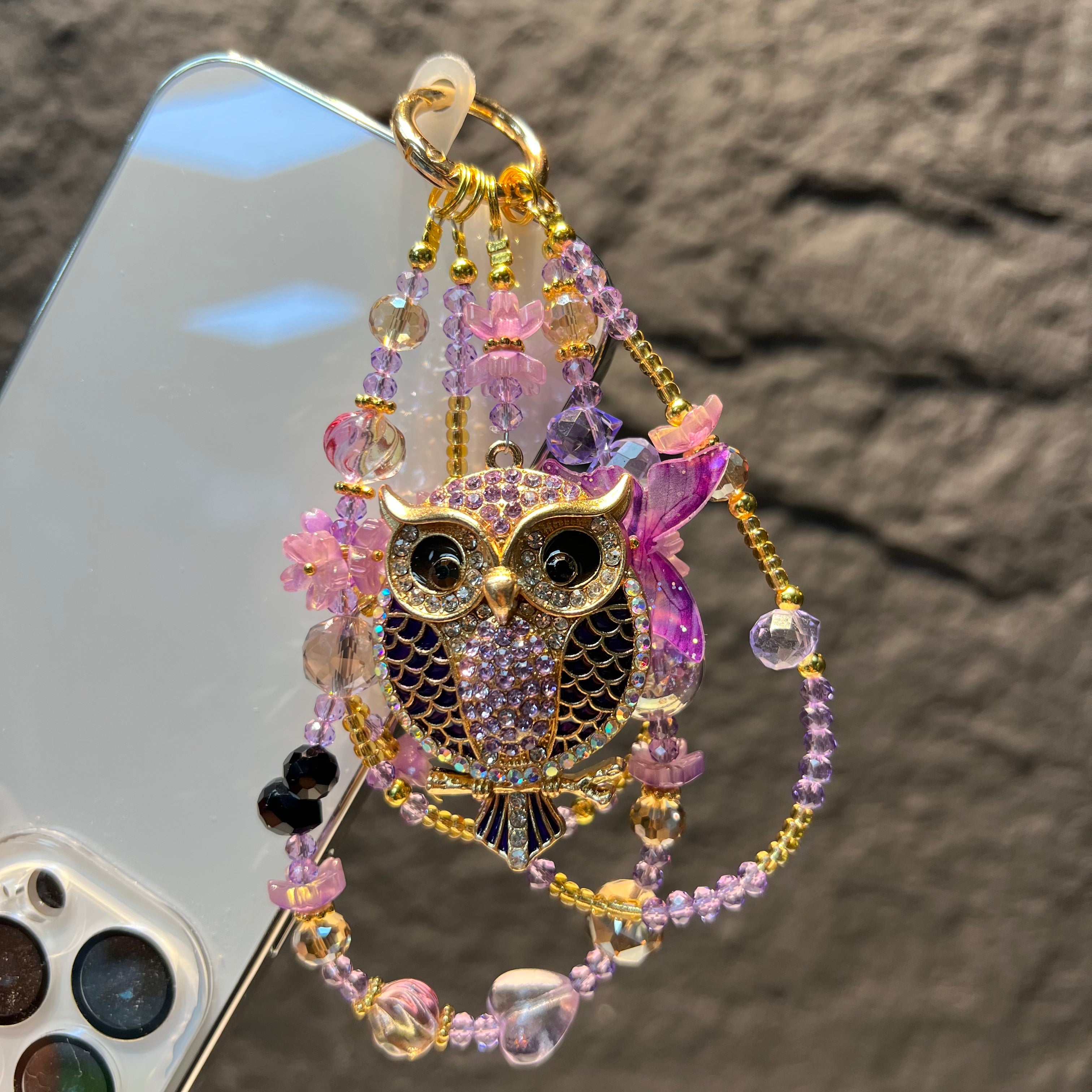 Rhinestone Owl Pendant Beaded Phone Wrist Strap, Multi‑Layer Handmade Crystal Bead Cellphone Lanyard, Luxury Flower Beads Keychain Bag Hanging Charm for Women