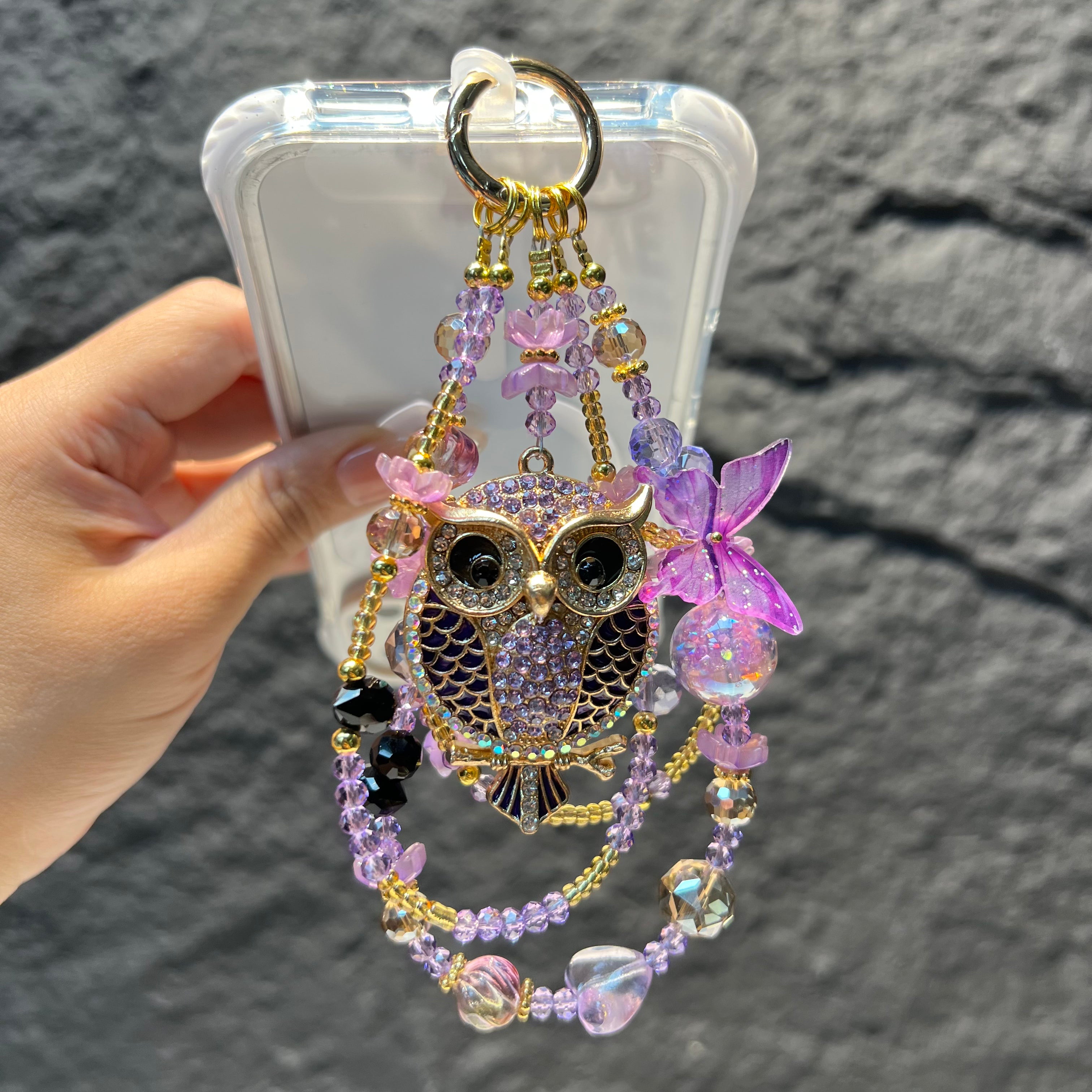 Rhinestone Owl Pendant Beaded Phone Wrist Strap, Multi‑Layer Handmade Crystal Bead Cellphone Lanyard, Luxury Flower Beads Keychain Bag Hanging Charm for Women