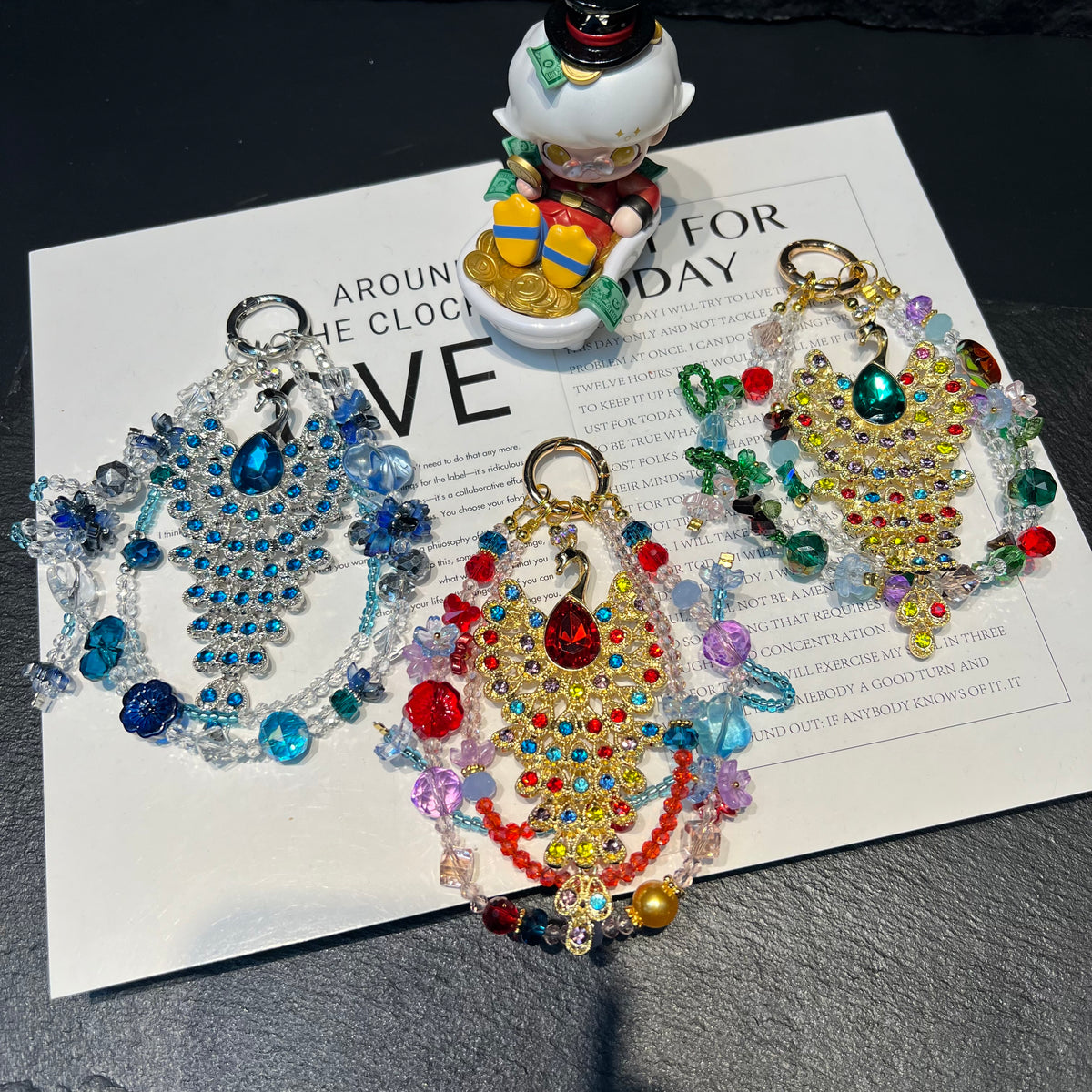 Hand‑made Peacock Rhinestone Crystal Beaded Phone Charm, Vintage Ethnic Layered Bead Keychain Pendant, Luxury Bohemian Bag Hanging Ornament For Women