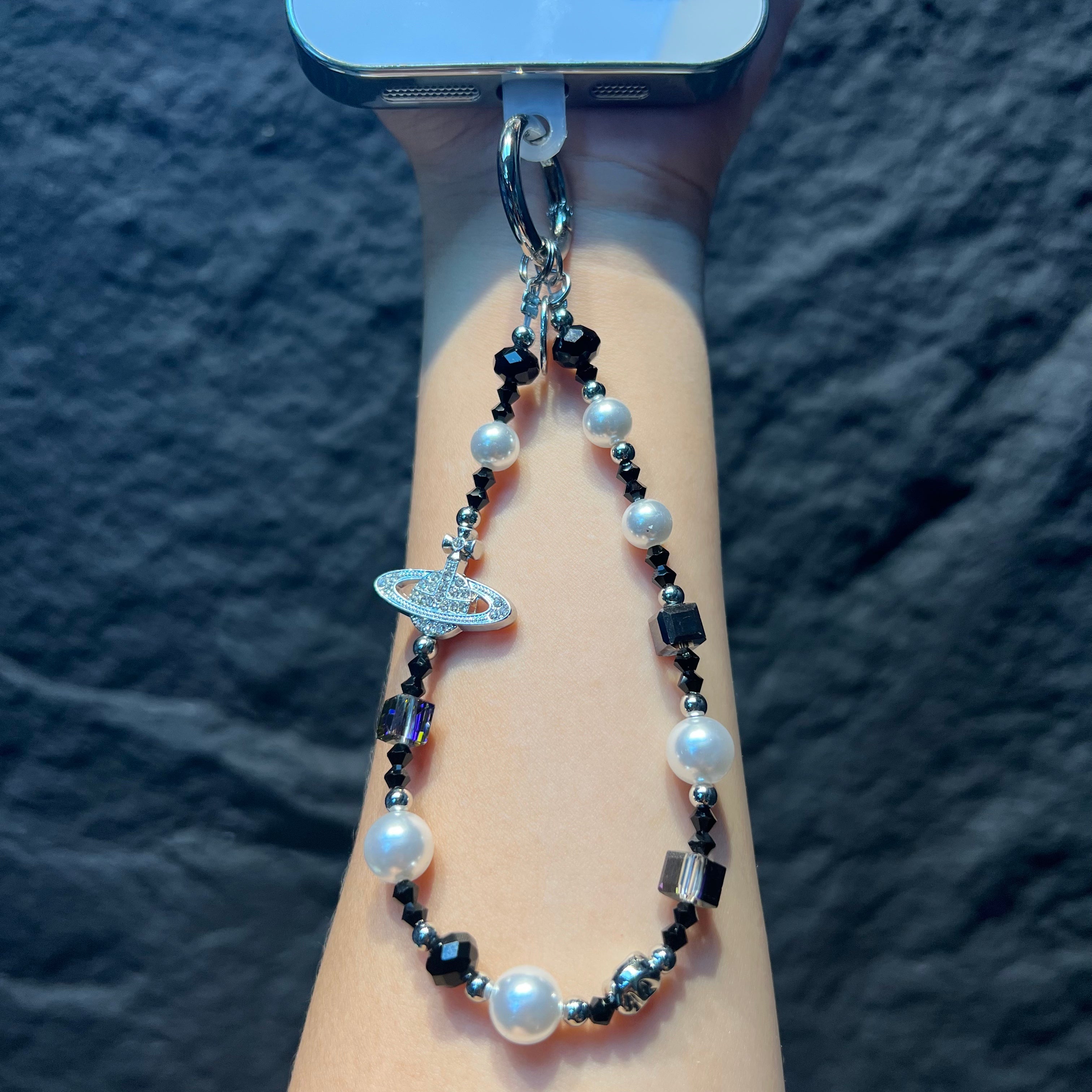 Saturn Charm Beaded Phone Lanyard, Hand‑made Pearl Crystal Bead Cell Phone Strap, Aesthetic Planet Pendant Keychain Bag Hanging Charm for Women
