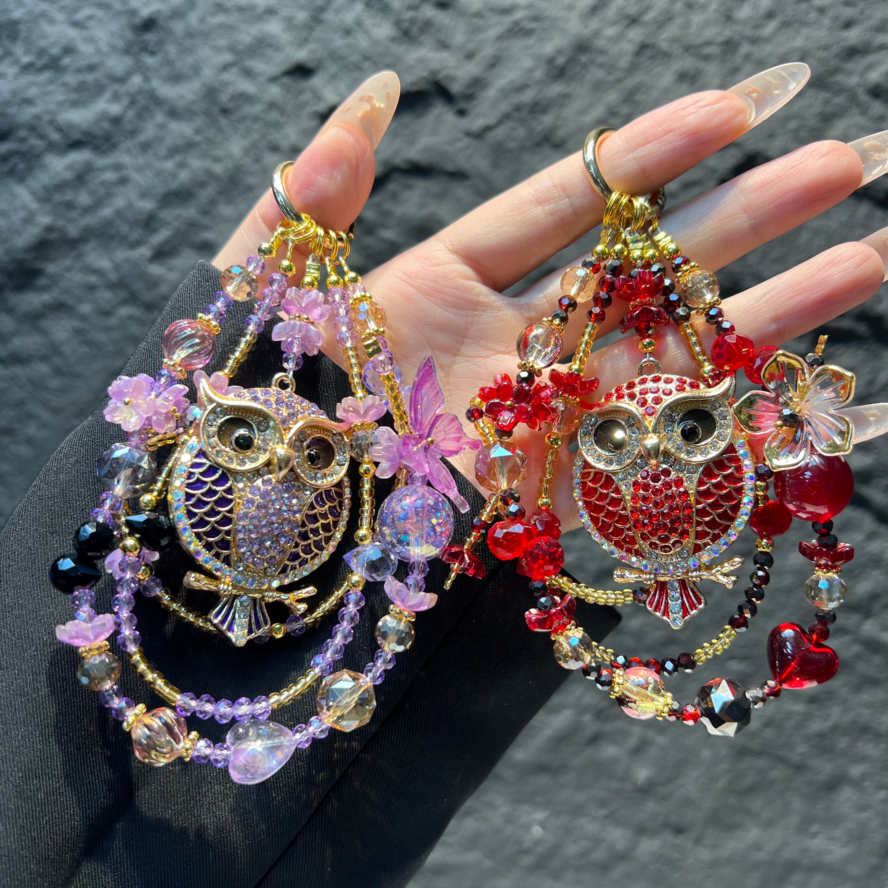 Rhinestone Owl Pendant Beaded Phone Wrist Strap, Multi‑Layer Handmade Crystal Bead Cellphone Lanyard, Luxury Flower Beads Keychain Bag Hanging Charm for Women