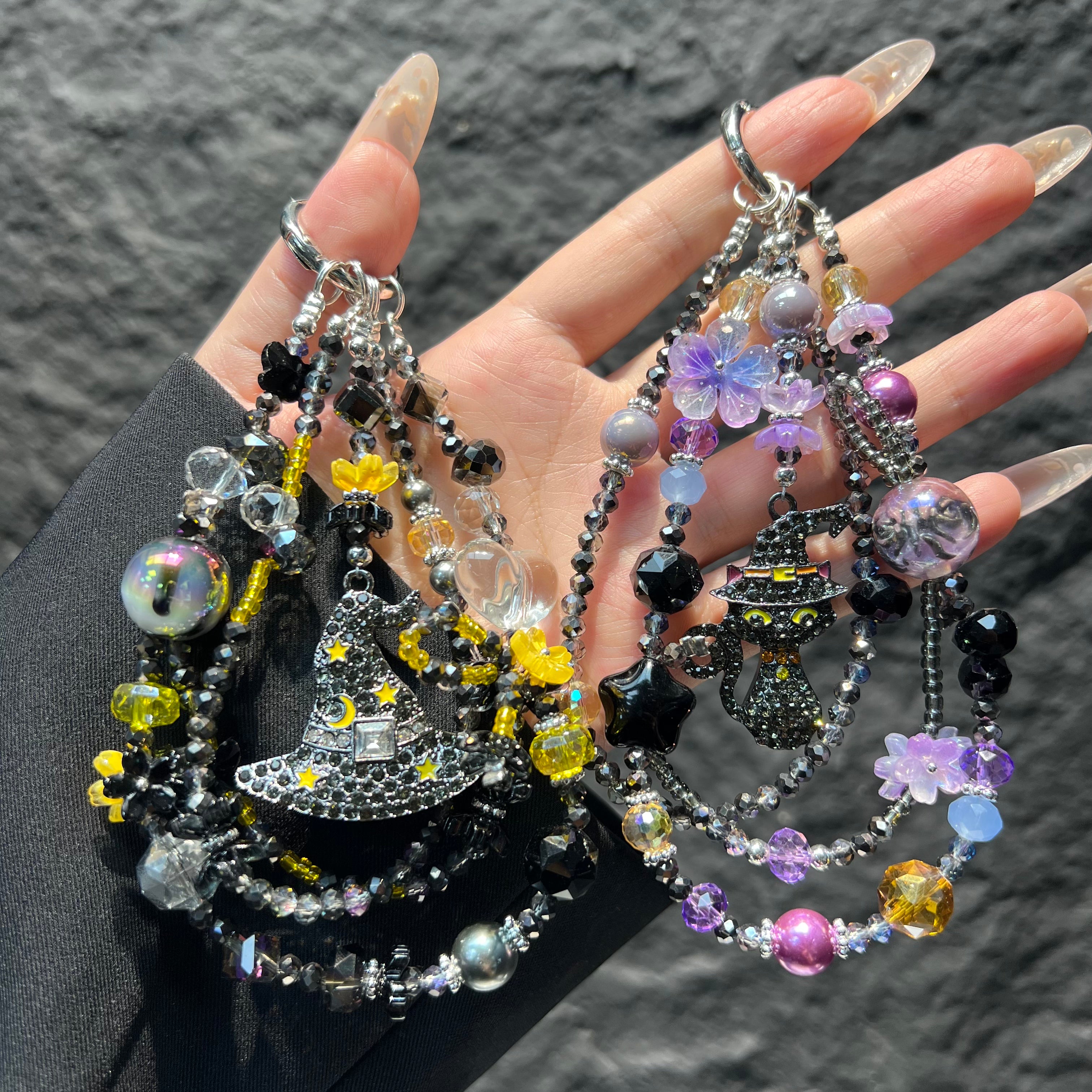 Handmade Layered Beaded Phone Case Charm, Rhinestone Witch Black Cat Pendant Gothic Spooky‑Season Halloween Bag Keychain Gift For Women