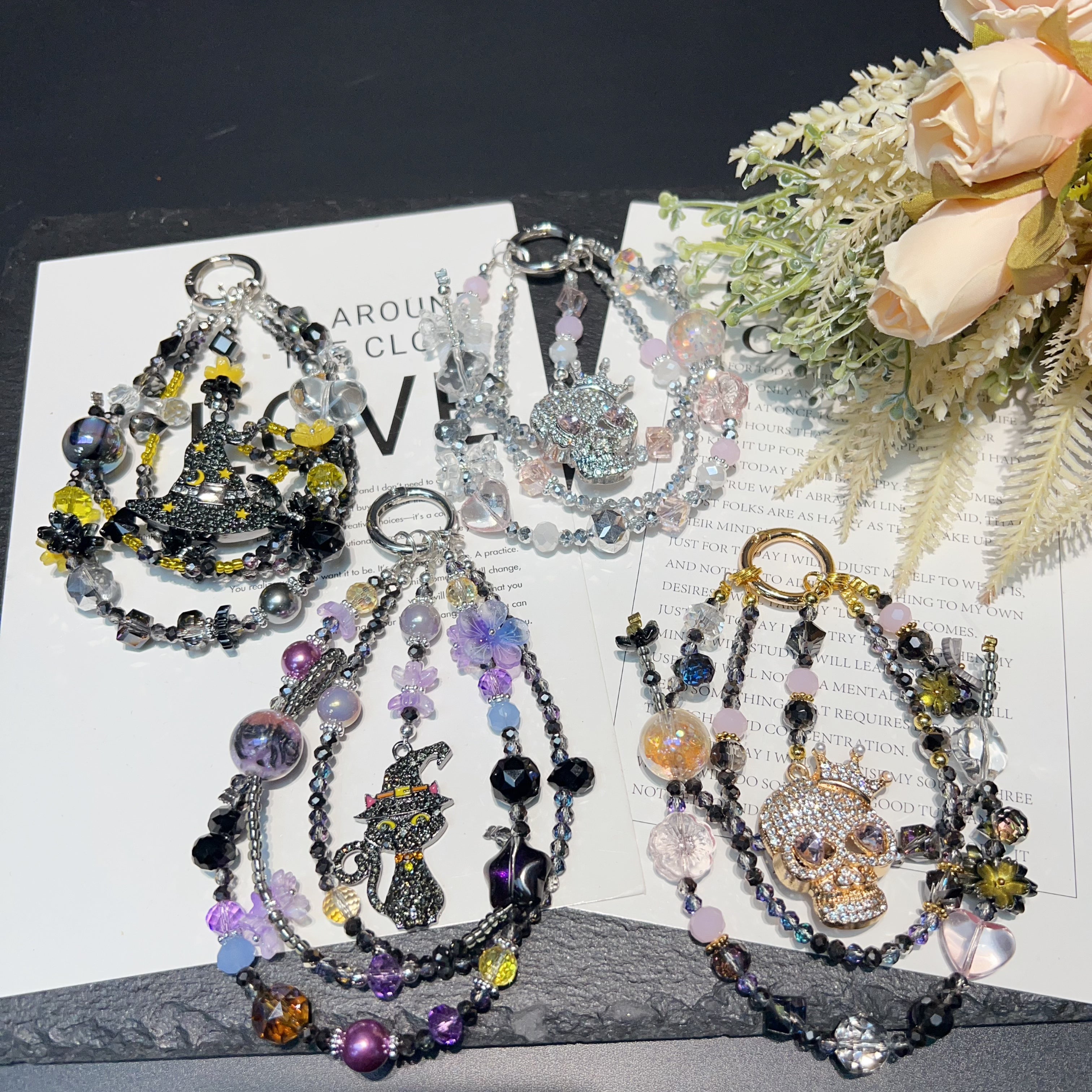 Handmade Layered Beaded Phone Case Charm, Rhinestone Witch Black Cat Pendant Gothic Spooky‑Season Halloween Bag Keychain Gift For Women