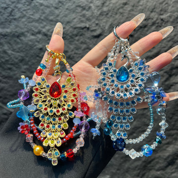 Hand‑made Peacock Rhinestone Crystal Beaded Phone Charm, Vintage Ethnic Layered Bead Keychain Pendant, Luxury Bohemian Bag Hanging Ornament For Women