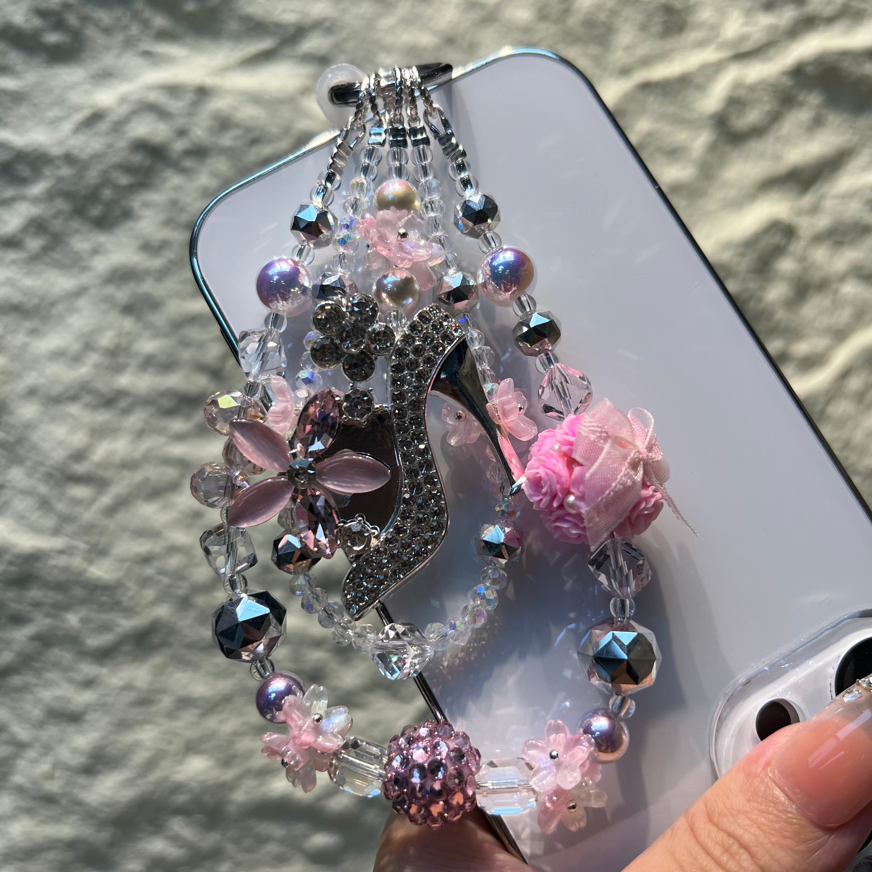 Rhinestone High‑Heel Multi‑Layer Beaded Phone Charm, Handmade Y2K Floral Crystal Bead Keychain, Cute Bag Pendant Ornament, Coquette Aesthetic Accessories for Girls
