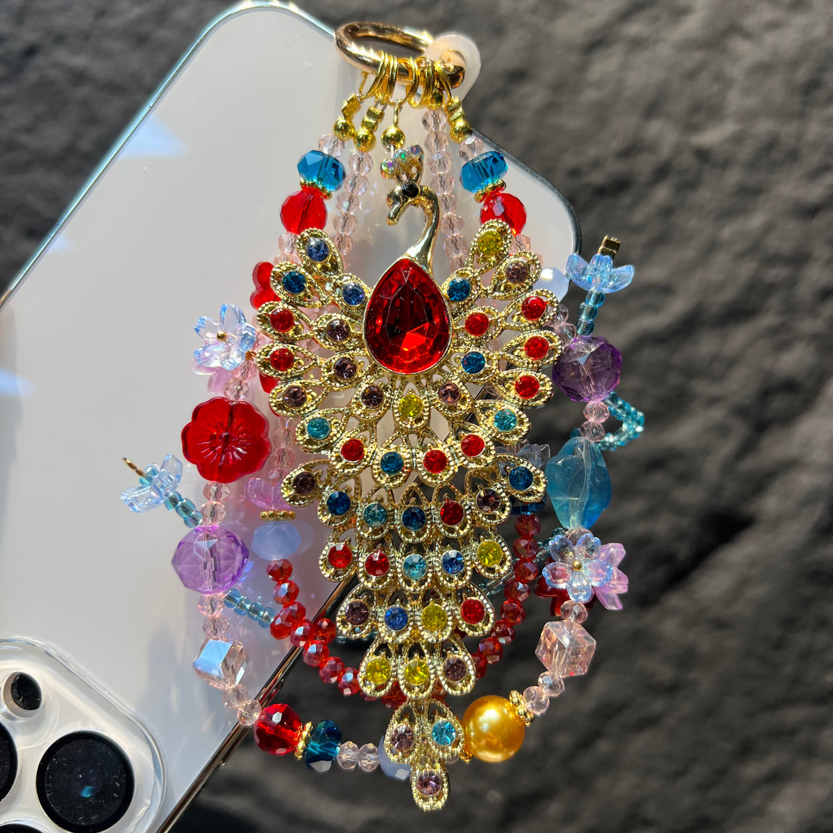 Hand‑made Peacock Rhinestone Crystal Beaded Phone Charm, Vintage Ethnic Layered Bead Keychain Pendant, Luxury Bohemian Bag Hanging Ornament For Women