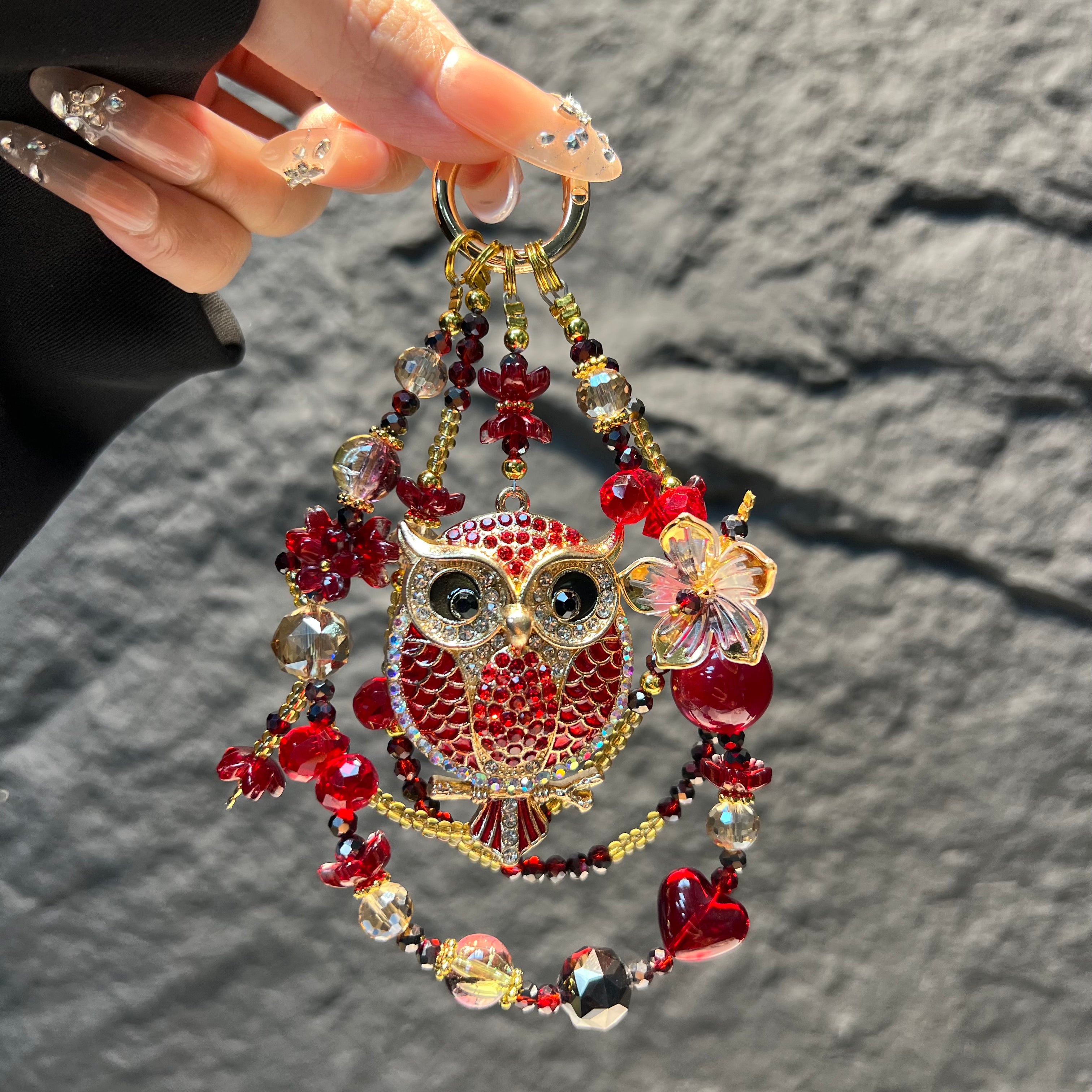 Rhinestone Owl Pendant Beaded Phone Wrist Strap, Multi‑Layer Handmade Crystal Bead Cellphone Lanyard, Luxury Flower Beads Keychain Bag Hanging Charm for Women