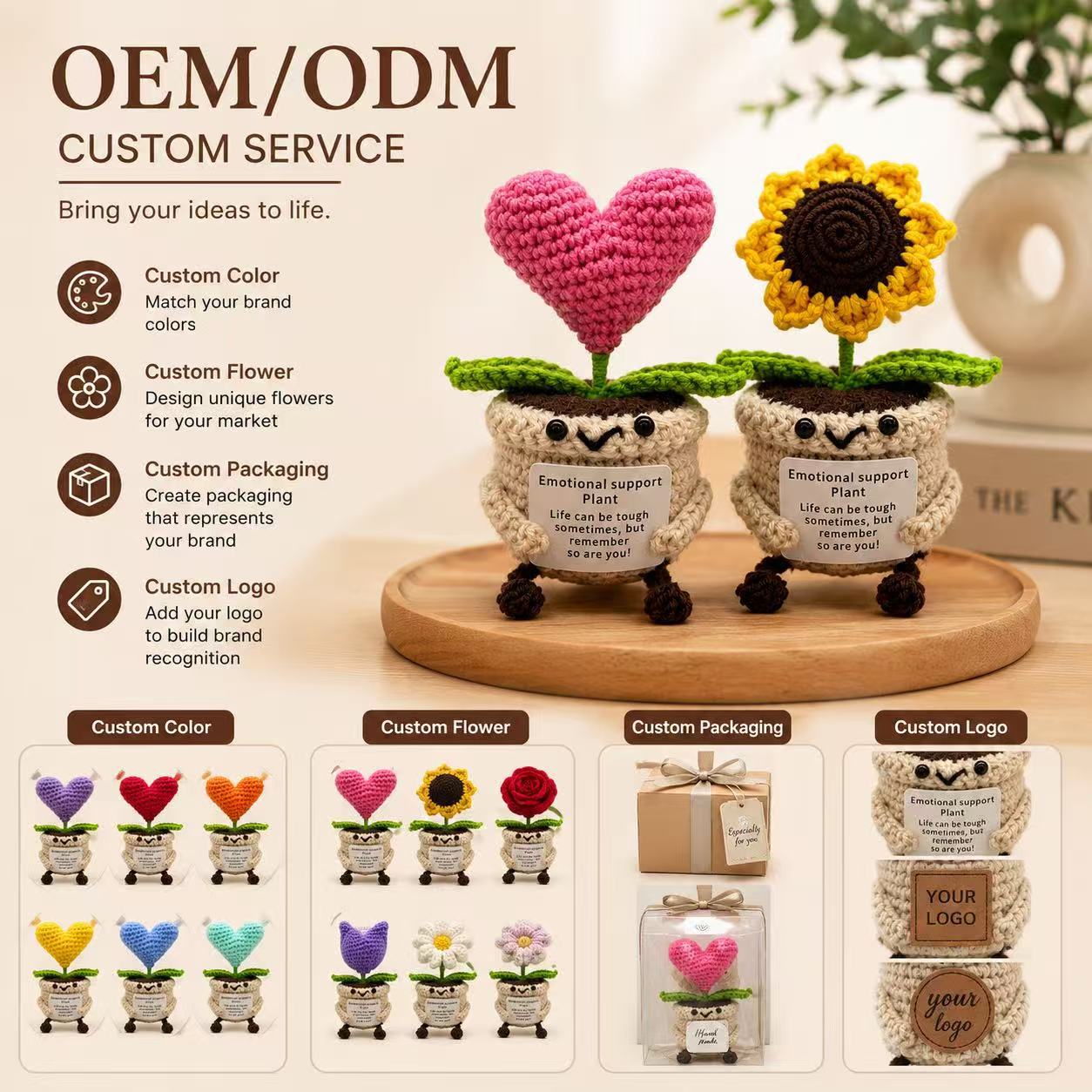 Hand-Crocheted Yarn Dolls; Knitted Potted Plants Featuring a Heart or Sunflower with Dangling Legs