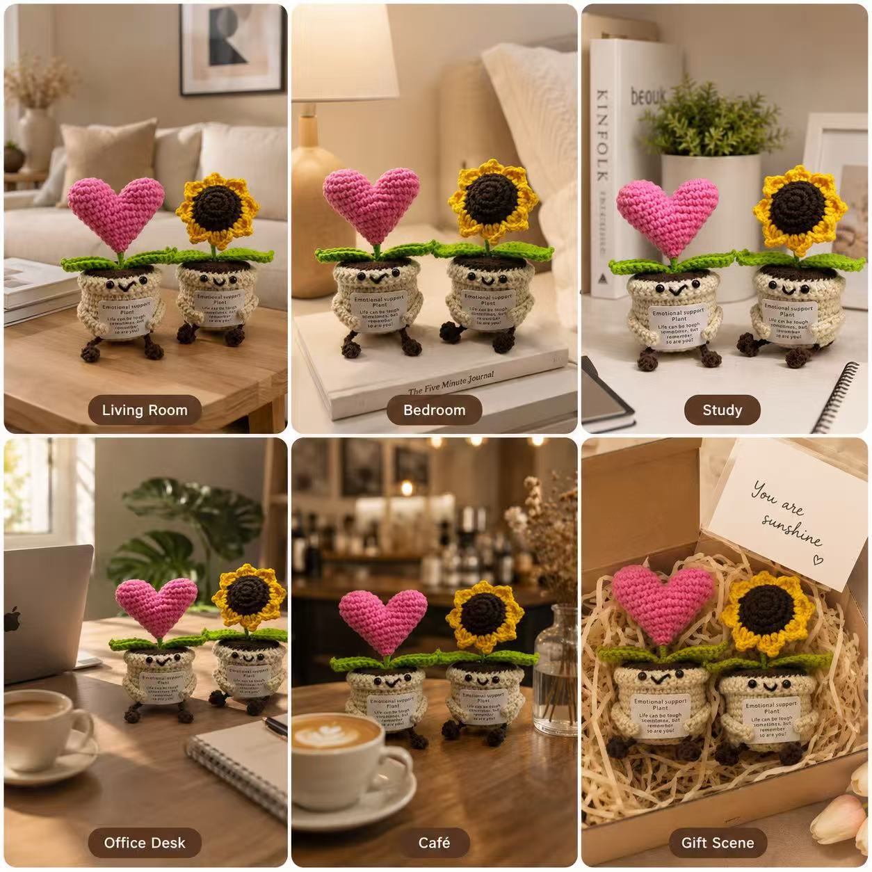 Hand-Crocheted Yarn Dolls; Knitted Potted Plants Featuring a Heart or Sunflower with Dangling Legs