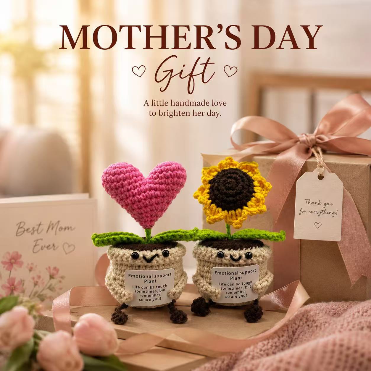 Hand-Crocheted Yarn Dolls; Knitted Potted Plants Featuring a Heart or Sunflower with Dangling Legs