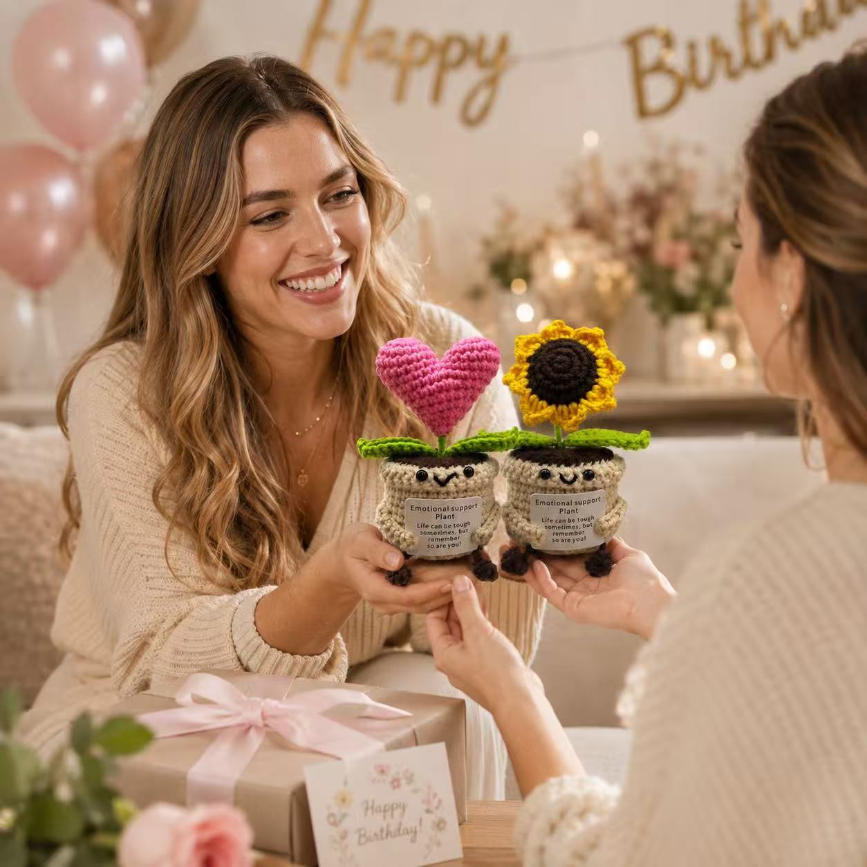 Hand-Crocheted Yarn Dolls; Knitted Potted Plants Featuring a Heart or Sunflower with Dangling Legs