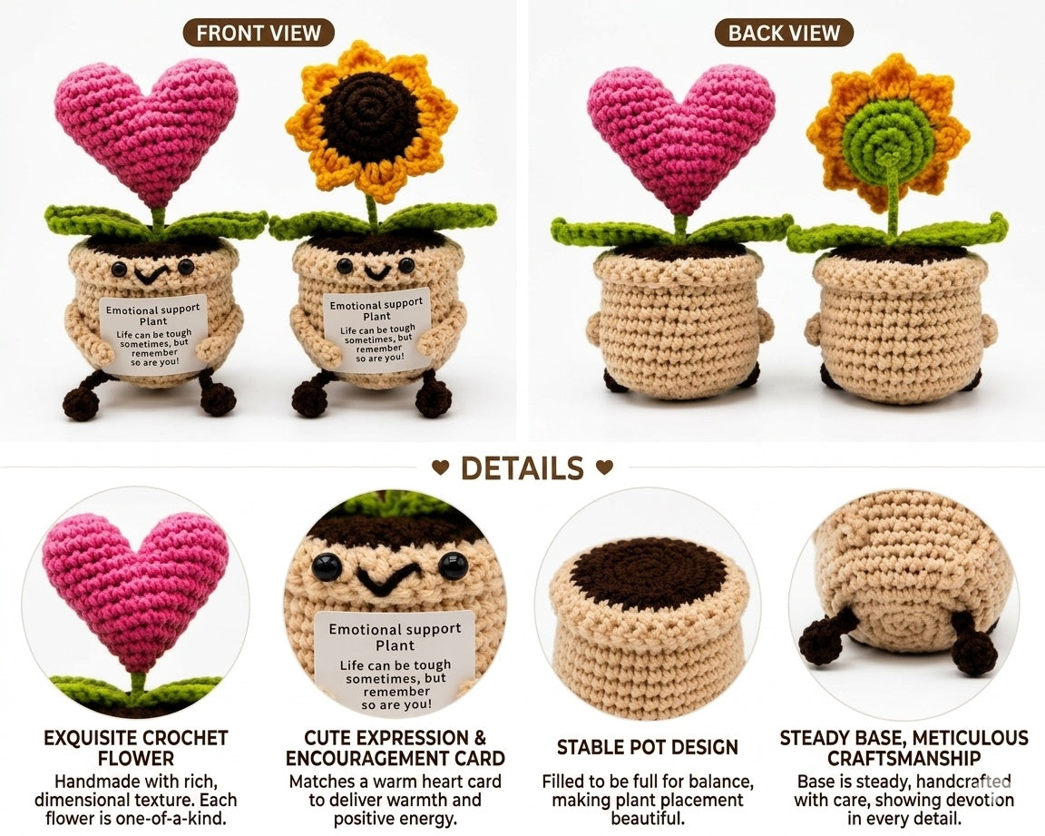 Hand-Crocheted Yarn Dolls; Knitted Potted Plants Featuring a Heart or Sunflower with Dangling Legs