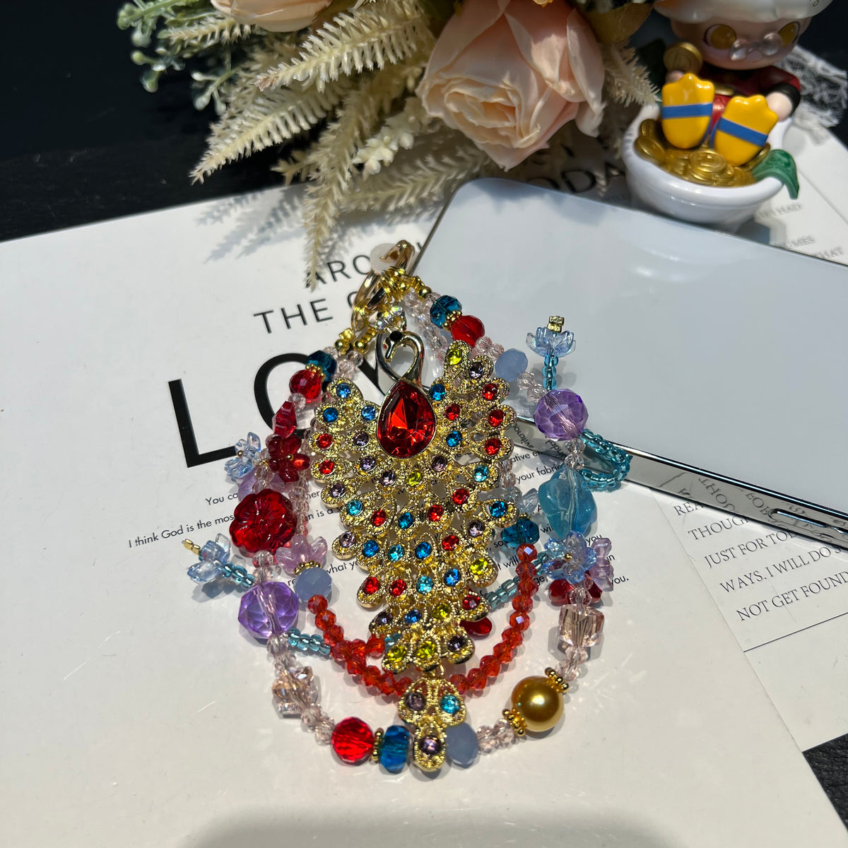 Hand‑made Peacock Rhinestone Crystal Beaded Phone Charm, Vintage Ethnic Layered Bead Keychain Pendant, Luxury Bohemian Bag Hanging Ornament For Women
