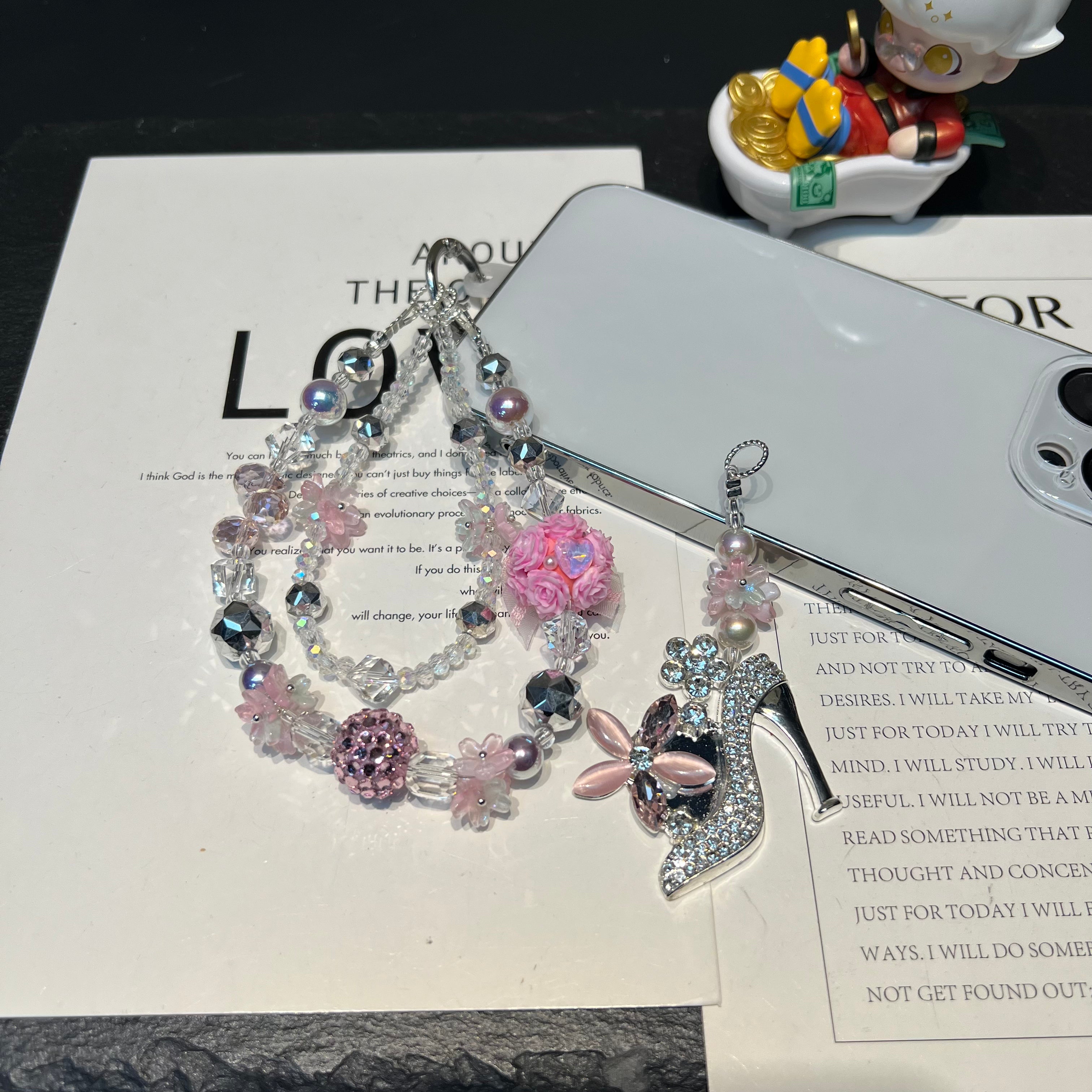 Rhinestone High‑Heel Multi‑Layer Beaded Phone Charm, Handmade Y2K Floral Crystal Bead Keychain, Cute Bag Pendant Ornament, Coquette Aesthetic Accessories for Girls