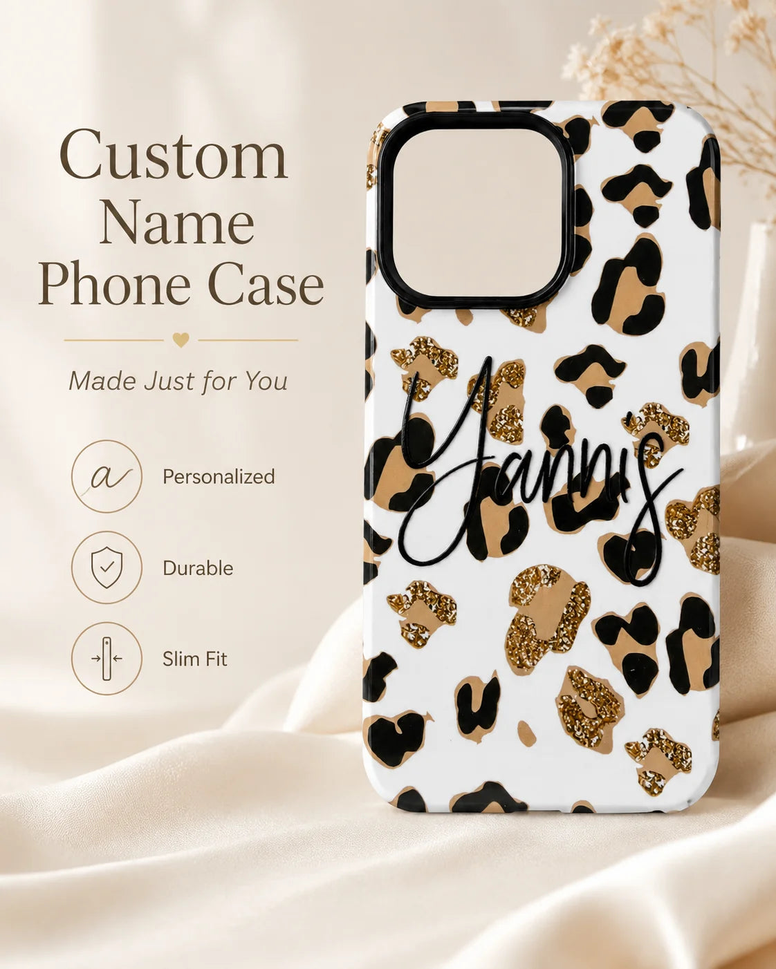Personalized Name Custom Gift for Her/Women, Leopard Pattern Case Cove for iPhone 17 Pro Max, 16 Pro Max, iPhone 15/14/13 Text Customized Case Cover