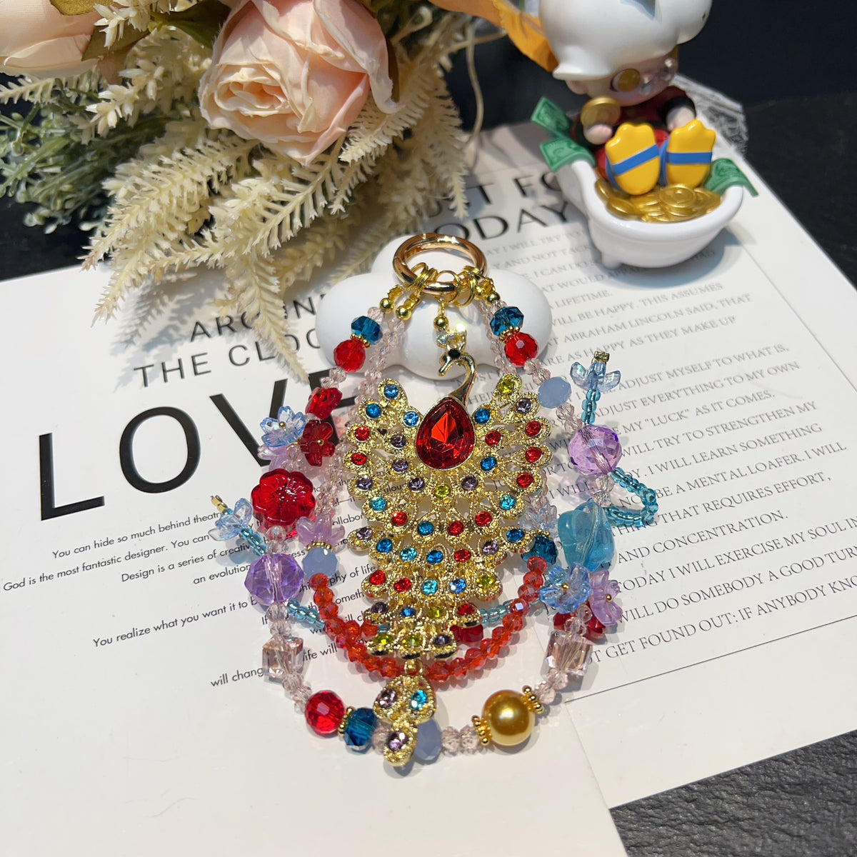 Hand‑made Peacock Rhinestone Crystal Beaded Phone Charm, Vintage Ethnic Layered Bead Keychain Pendant, Luxury Bohemian Bag Hanging Ornament For Women