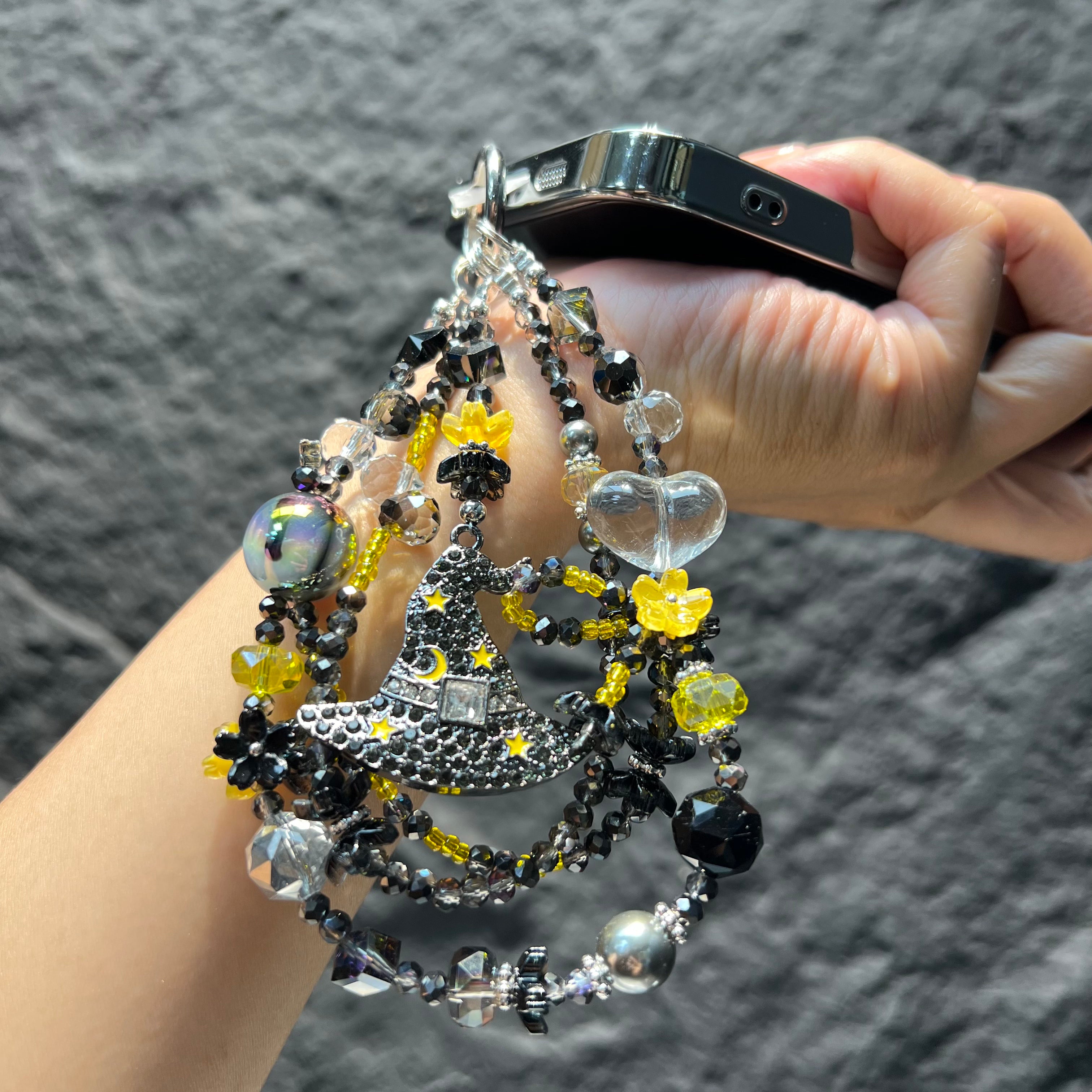 Handmade Layered Beaded Phone Case Charm, Rhinestone Witch Black Cat Pendant Gothic Spooky‑Season Halloween Bag Keychain Gift For Women
