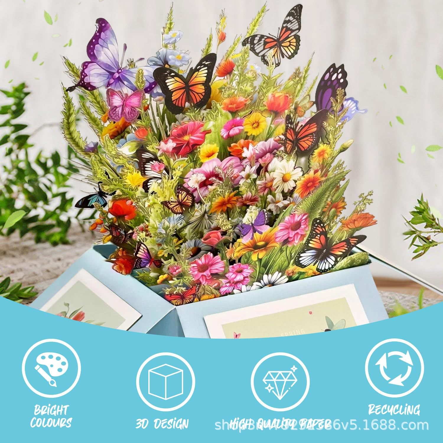European-style 3d Pop-up Greeting Card Featuring a Cluster of Butterflies And Flowers In Light Blue; Suitable For Birthdays Or As A Thank-you Card.