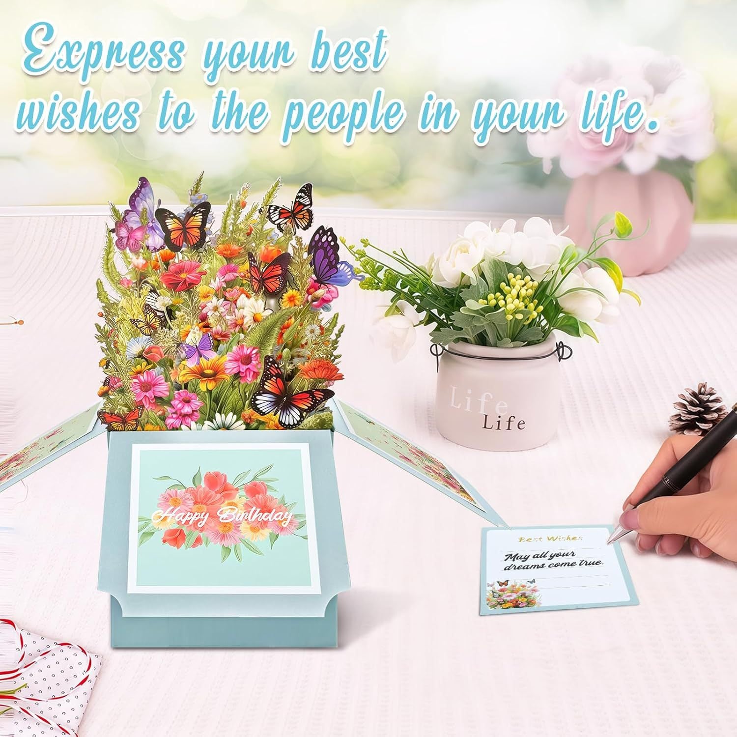 European-style 3d Pop-up Greeting Card Featuring a Cluster of Butterflies And Flowers In Light Blue; Suitable For Birthdays Or As A Thank-you Card.