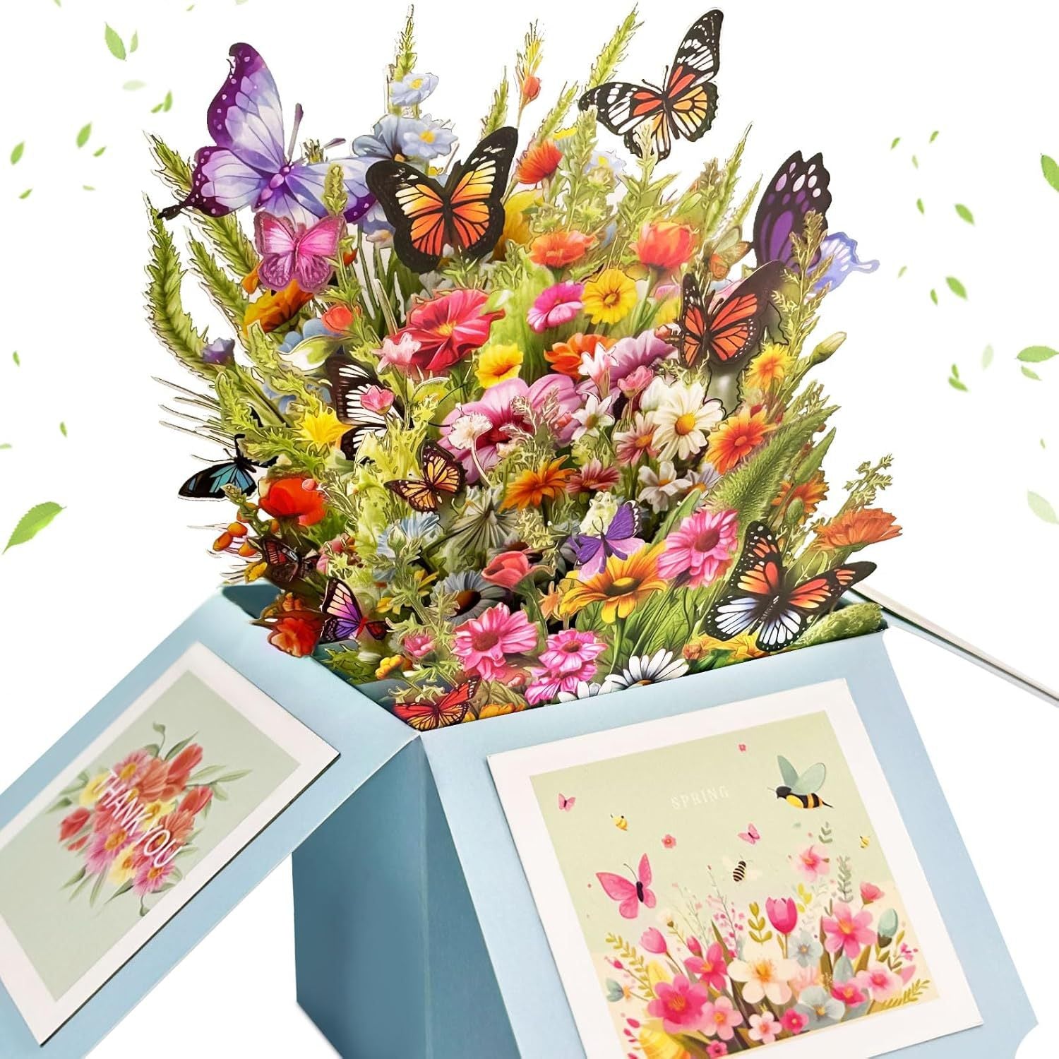 European-style 3d Pop-up Greeting Card Featuring a Cluster of Butterflies And Flowers In Light Blue; Suitable For Birthdays Or As A Thank-you Card.
