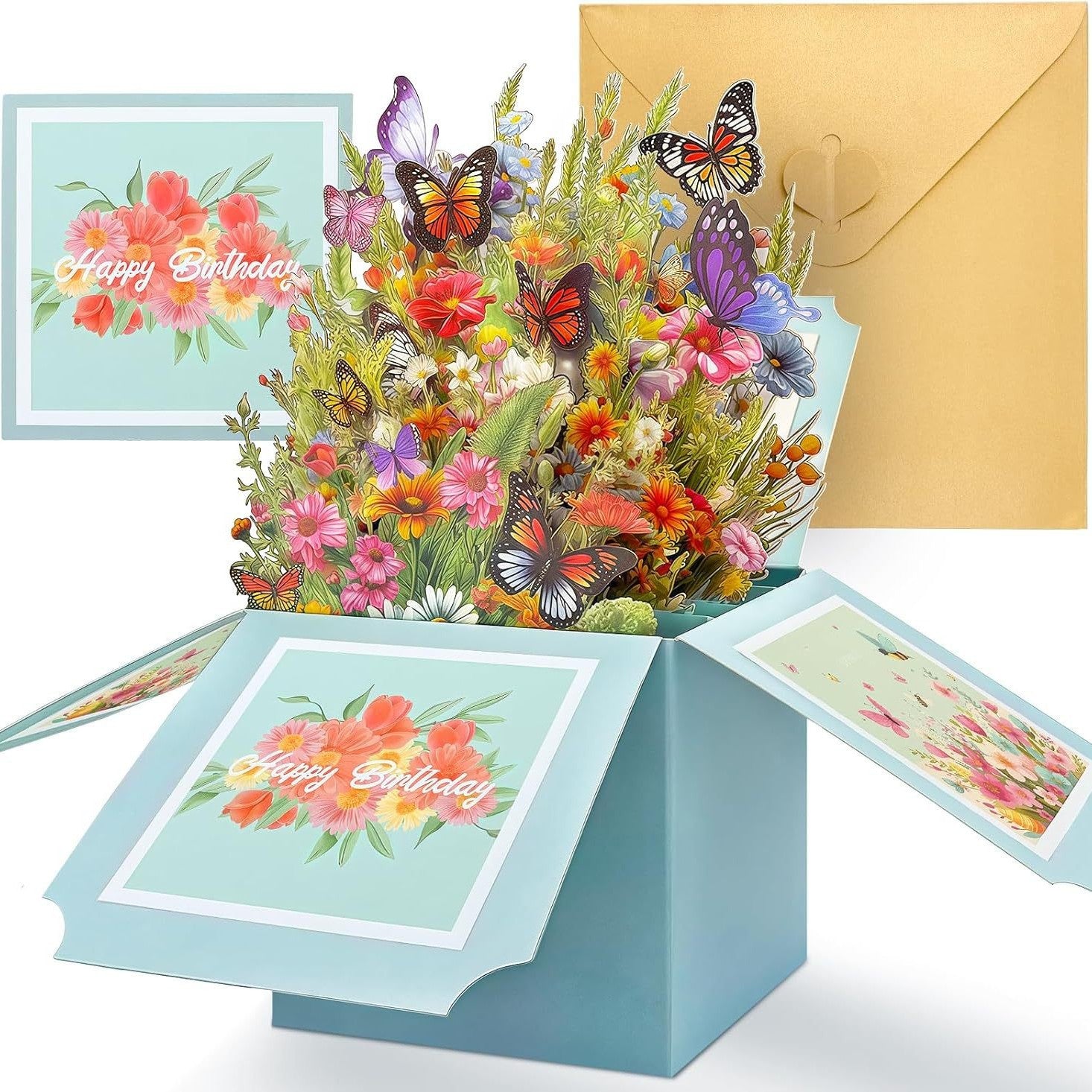 European-style 3d Pop-up Greeting Card Featuring a Cluster of Butterflies And Flowers In Light Blue; Suitable For Birthdays Or As A Thank-you Card.