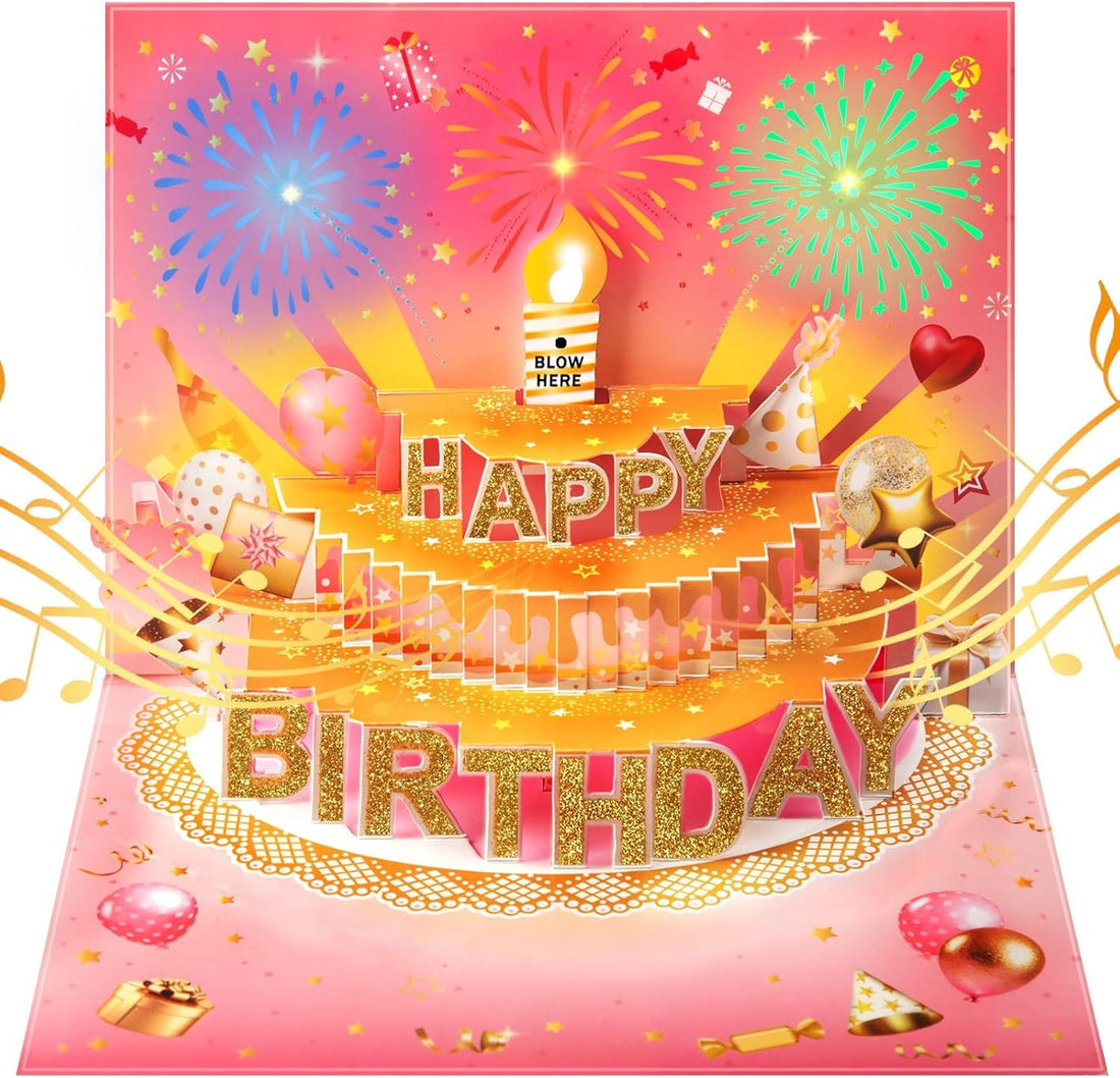 Pop Up Birthday Cards for Men - LED Light & Music with Blow The Candle, 3D Balloons, Singing Happy Birthday gifts Card for Husband - Women, Kids, Son, Her, & Dad