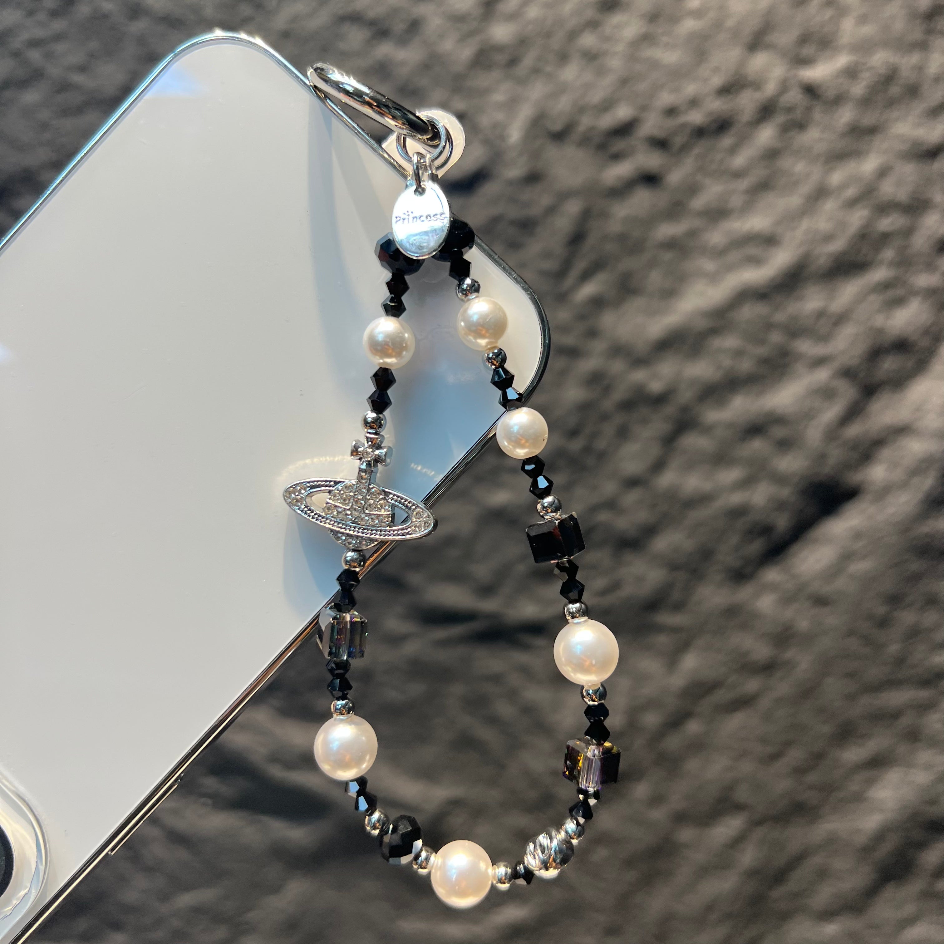 Saturn Charm Beaded Phone Lanyard, Hand‑made Pearl Crystal Bead Cell Phone Strap, Aesthetic Planet Pendant Keychain Bag Hanging Charm for Women
