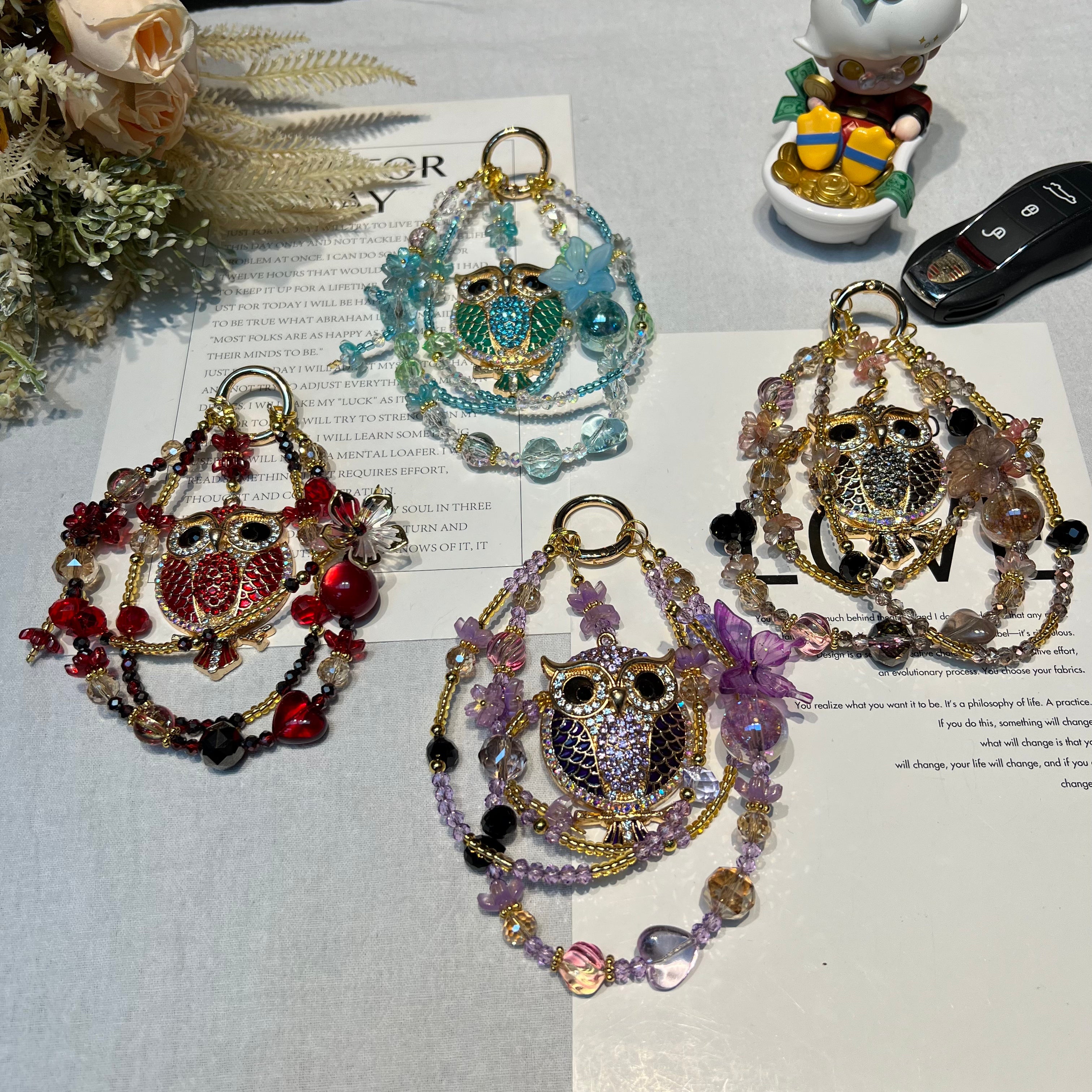 Rhinestone Owl Pendant Beaded Phone Wrist Strap, Multi‑Layer Handmade Crystal Bead Cellphone Lanyard, Luxury Flower Beads Keychain Bag Hanging Charm for Women