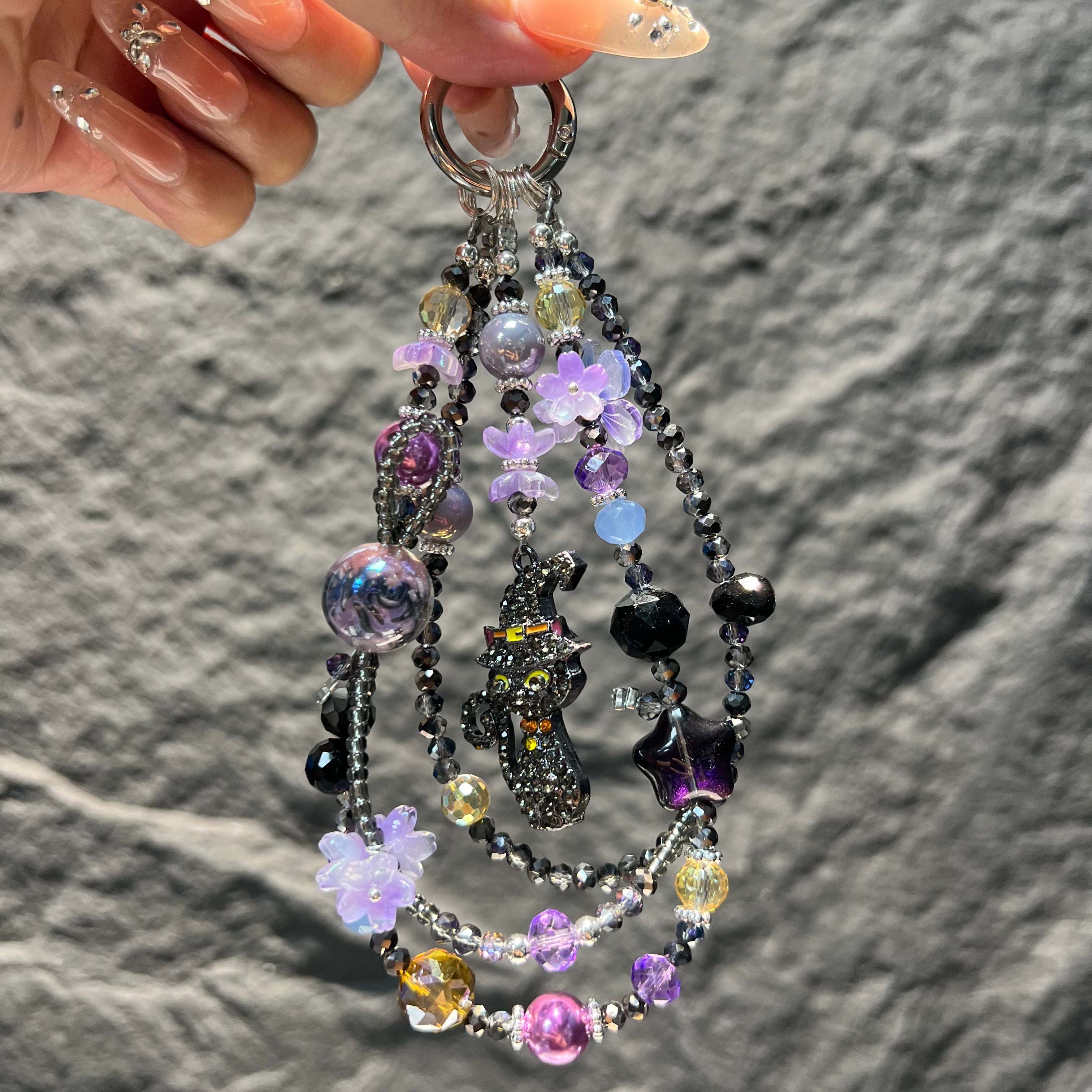 Handmade Layered Beaded Phone Case Charm, Rhinestone Witch Black Cat Pendant Gothic Spooky‑Season Halloween Bag Keychain Gift For Women