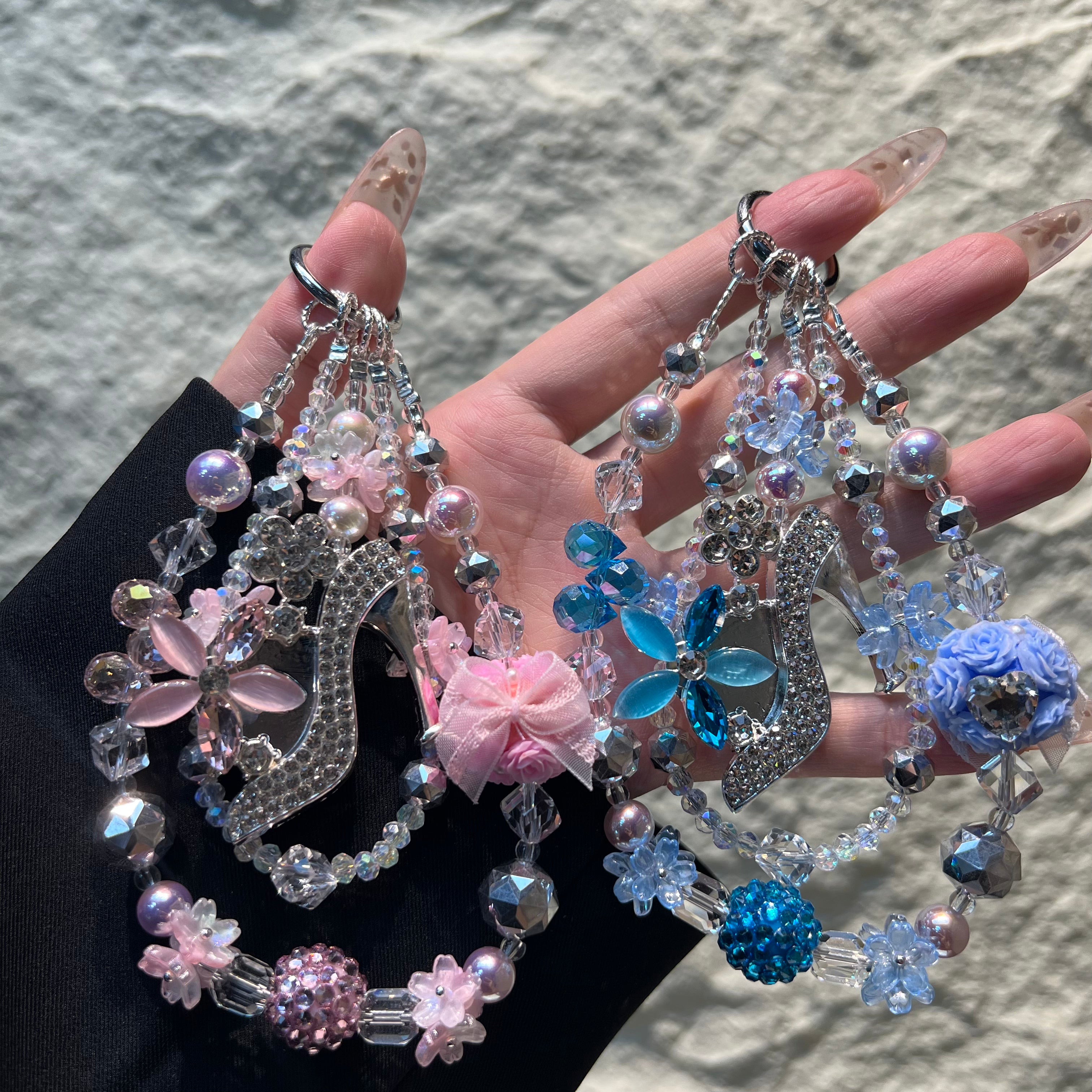 Rhinestone High‑Heel Multi‑Layer Beaded Phone Charm, Handmade Y2K Floral Crystal Bead Keychain, Cute Bag Pendant Ornament, Coquette Aesthetic Accessories for Girls