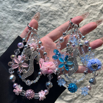 Rhinestone High‑Heel Multi‑Layer Beaded Phone Charm, Handmade Y2K Floral Crystal Bead Keychain, Cute Bag Pendant Ornament, Coquette Aesthetic Accessories for Girls