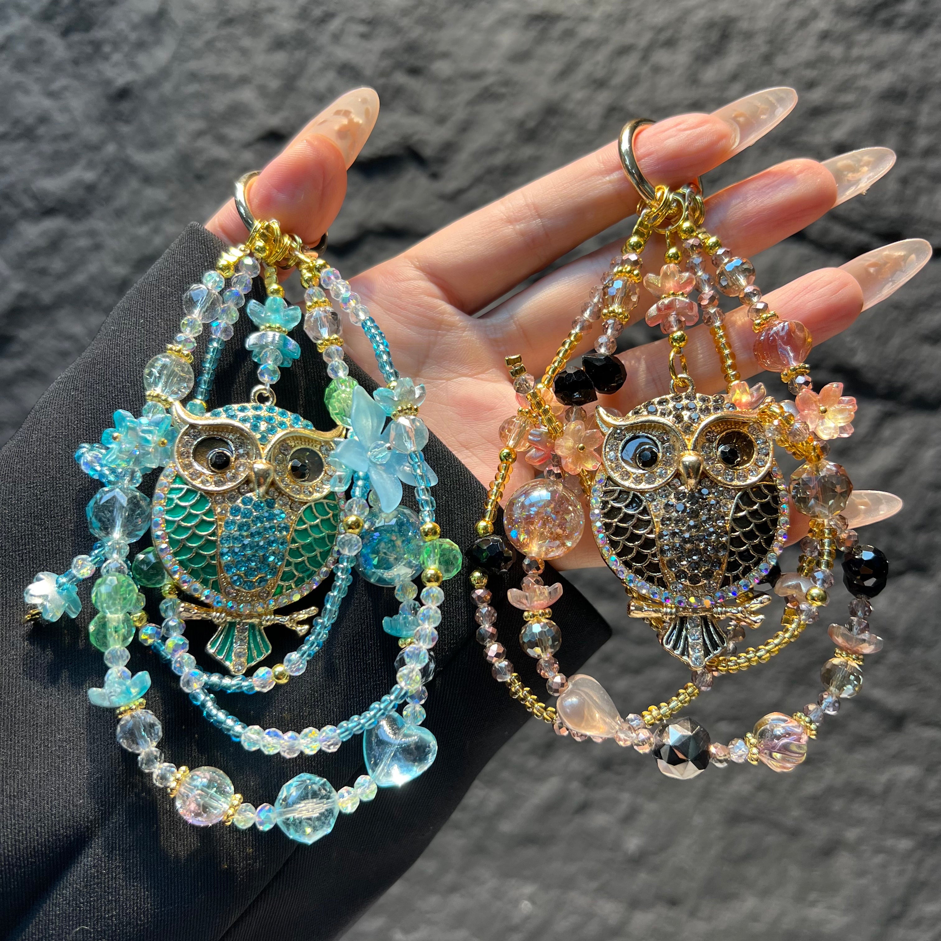 Rhinestone Owl Pendant Beaded Phone Wrist Strap, Multi‑Layer Handmade Crystal Bead Cellphone Lanyard, Luxury Flower Beads Keychain Bag Hanging Charm for Women