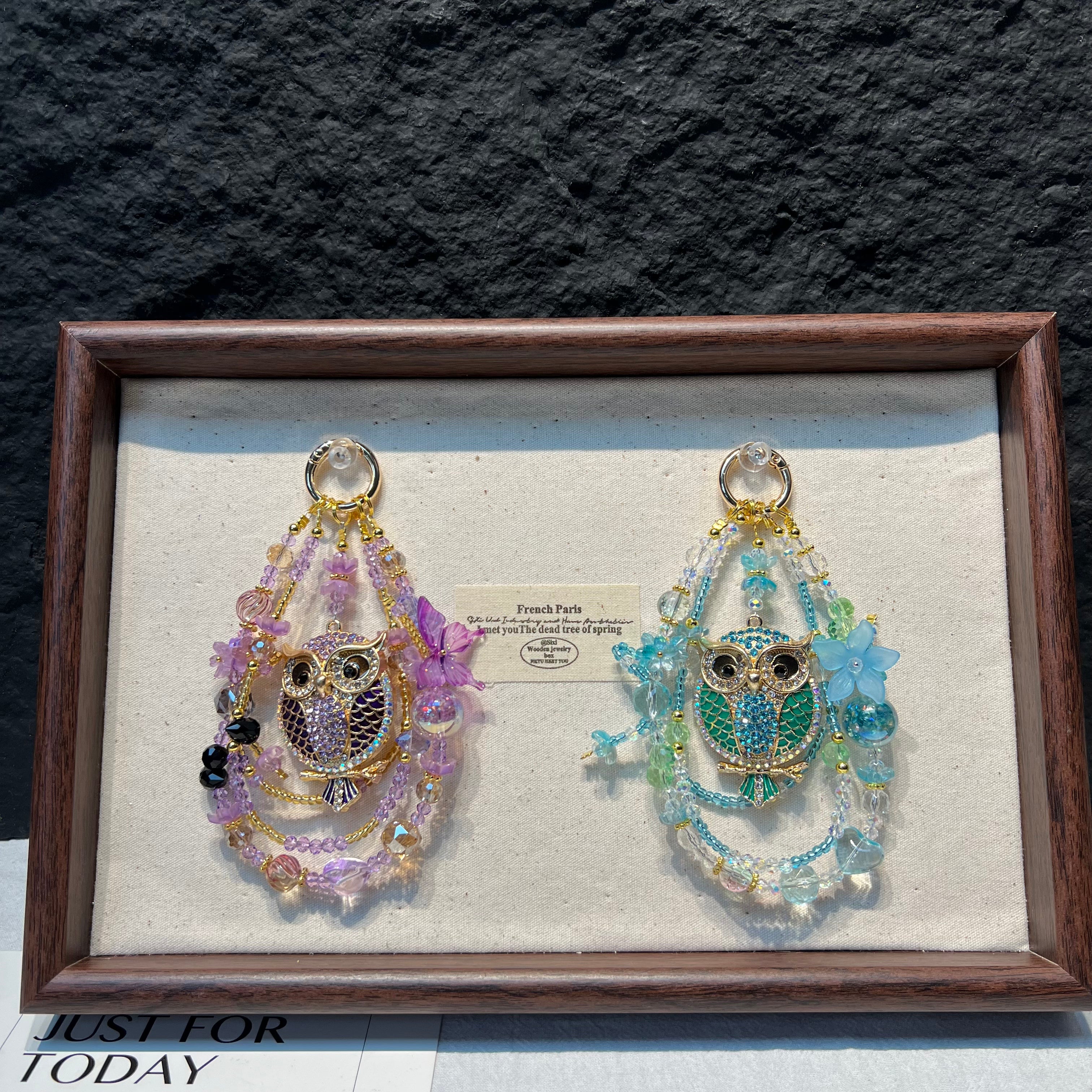 Rhinestone Owl Pendant Beaded Phone Wrist Strap, Multi‑Layer Handmade Crystal Bead Cellphone Lanyard, Luxury Flower Beads Keychain Bag Hanging Charm for Women