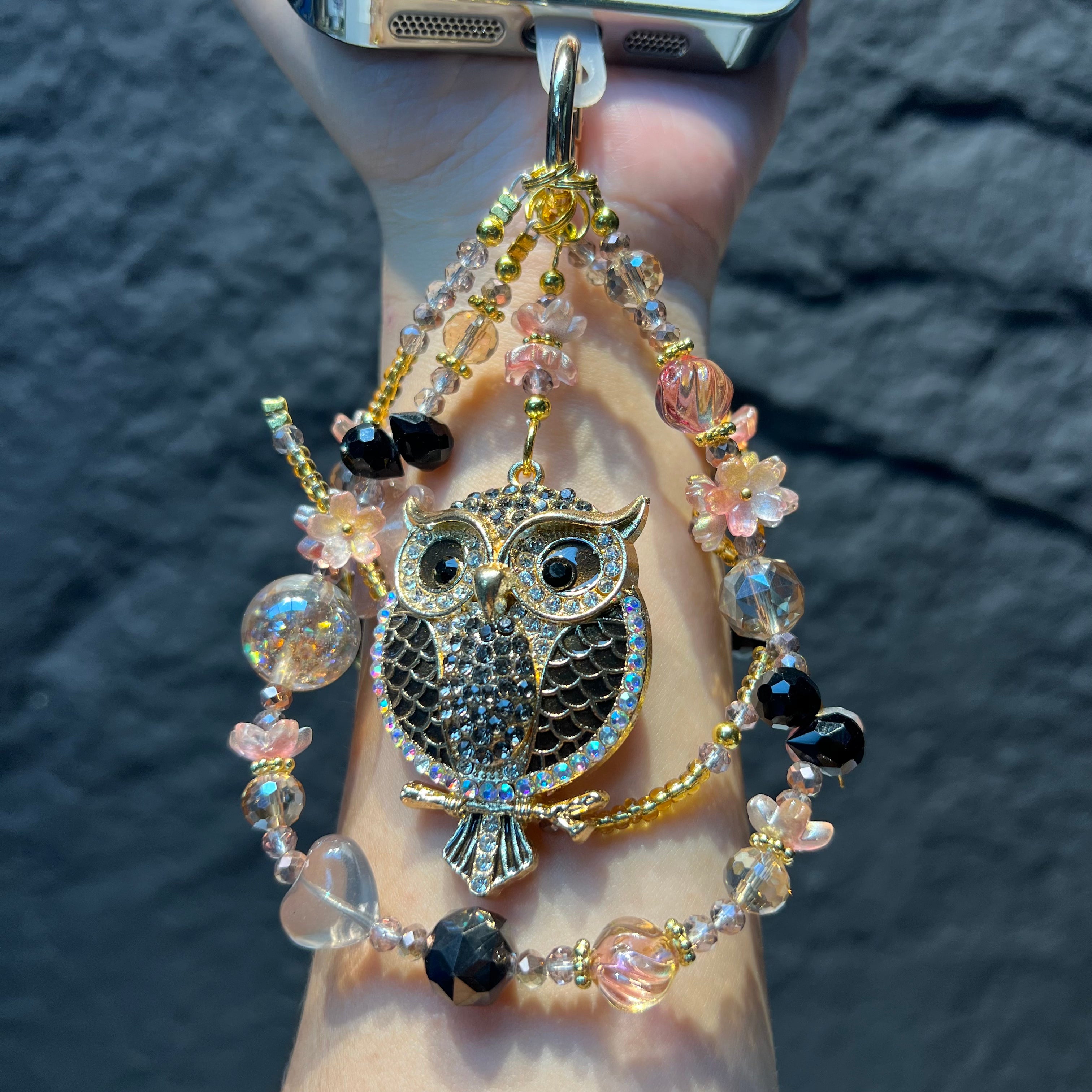 Rhinestone Owl Pendant Beaded Phone Wrist Strap, Multi‑Layer Handmade Crystal Bead Cellphone Lanyard, Luxury Flower Beads Keychain Bag Hanging Charm for Women