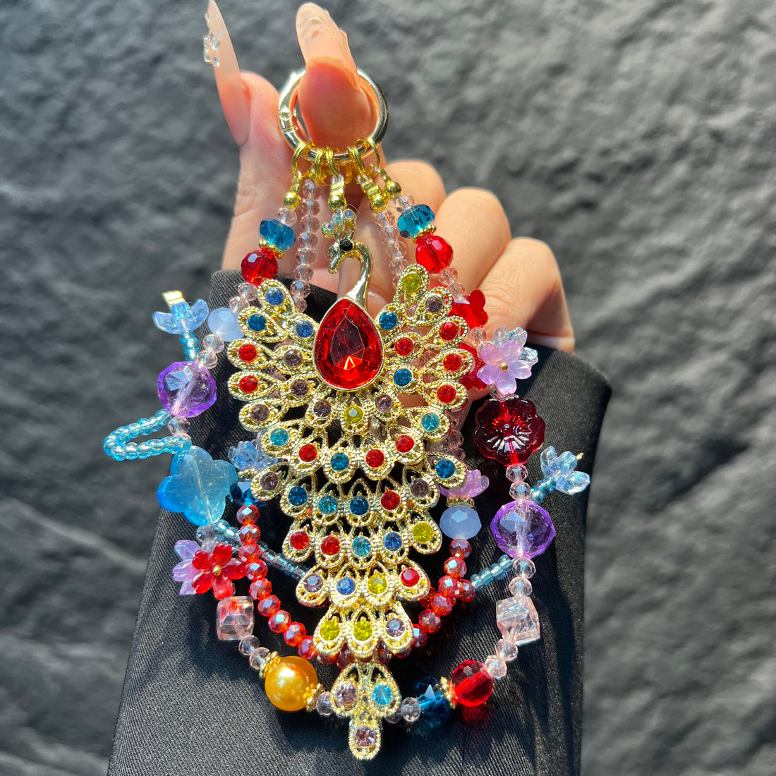 Hand‑made Peacock Rhinestone Crystal Beaded Phone Charm, Vintage Ethnic Layered Bead Keychain Pendant, Luxury Bohemian Bag Hanging Ornament For Women
