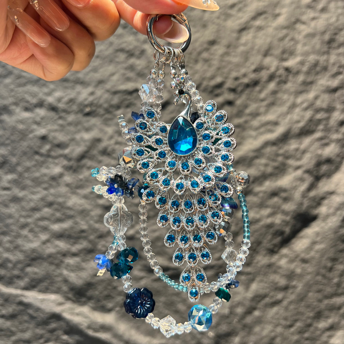 Hand‑made Peacock Rhinestone Crystal Beaded Phone Charm, Vintage Ethnic Layered Bead Keychain Pendant, Luxury Bohemian Bag Hanging Ornament For Women