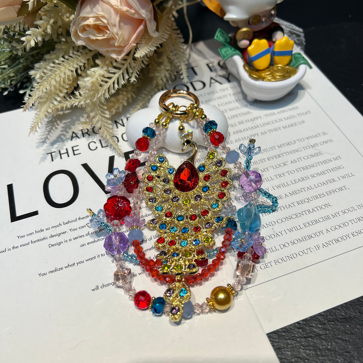 Hand‑made Peacock Rhinestone Crystal Beaded Phone Charm, Vintage Ethnic Layered Bead Keychain Pendant, Luxury Bohemian Bag Hanging Ornament For Women